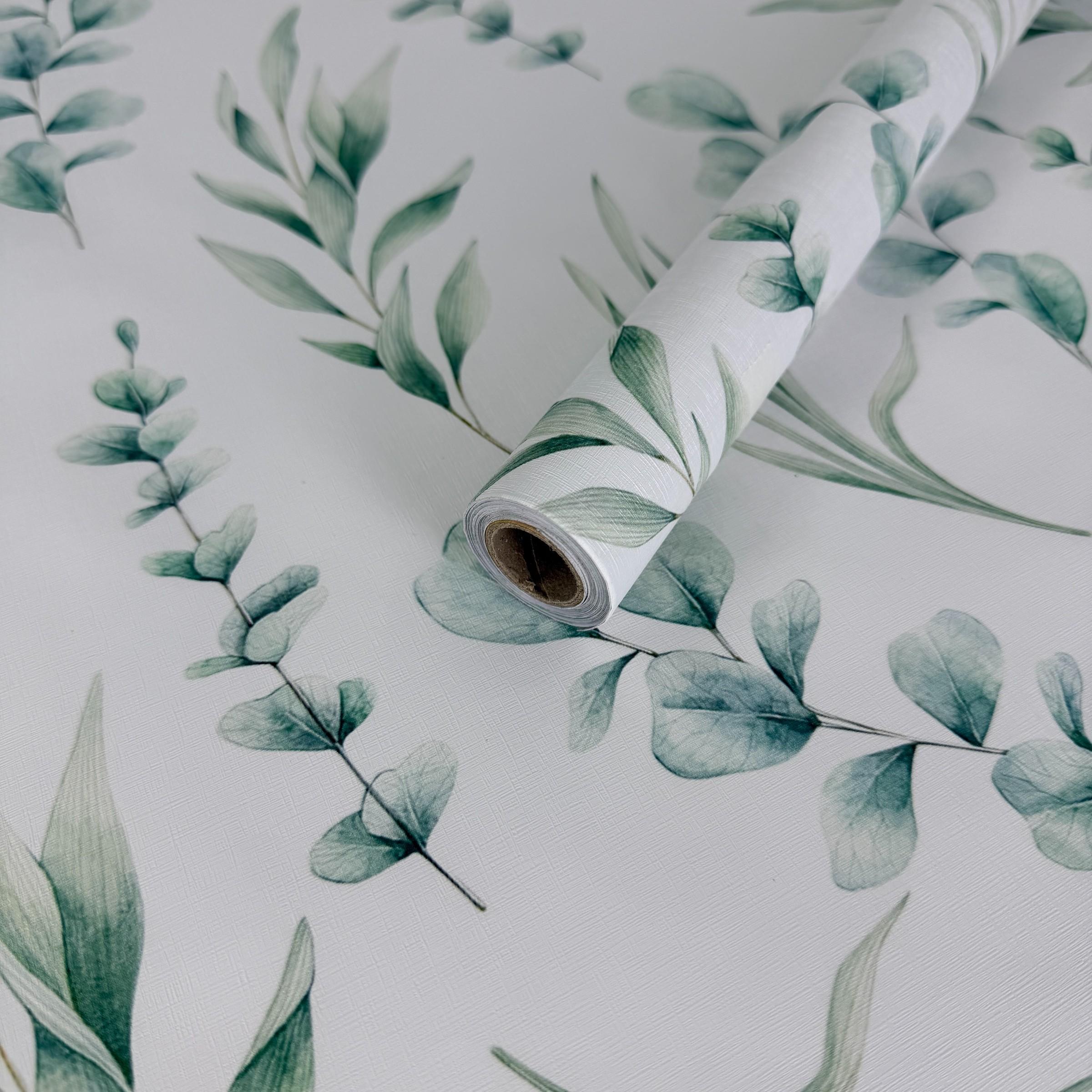 1 Roll Eucalyptus Green Leaves Peel and Stick Wallpaper 44.5cm/17.5in Wide, Waterproof Removable Color Fadeless Vinyl for Bathroom Living Room Decor, Length Options: 1m/2m/3m/5m/10m