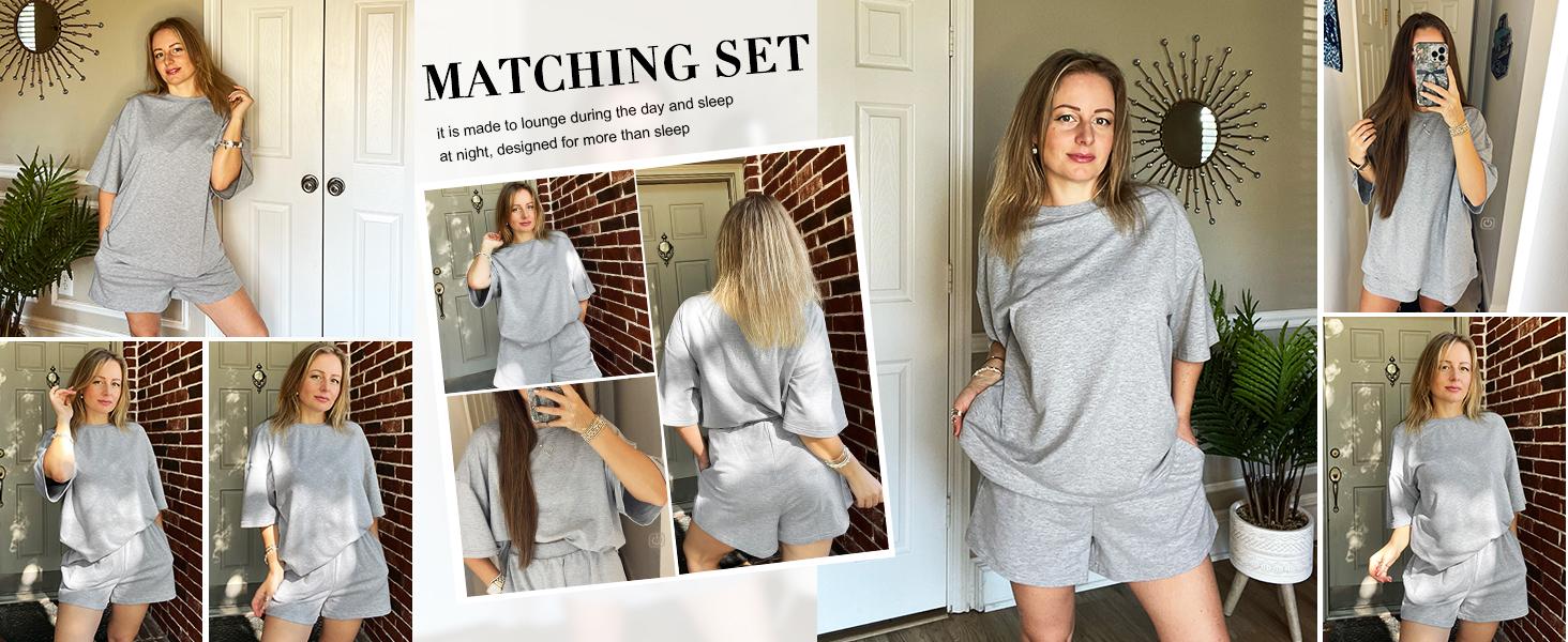 FMEYOA Womens Casual Comfy 2 Piece Outfits 3/4 Sleeve Tops and Elastic Waist Shorts Lounge Sets Loungewear