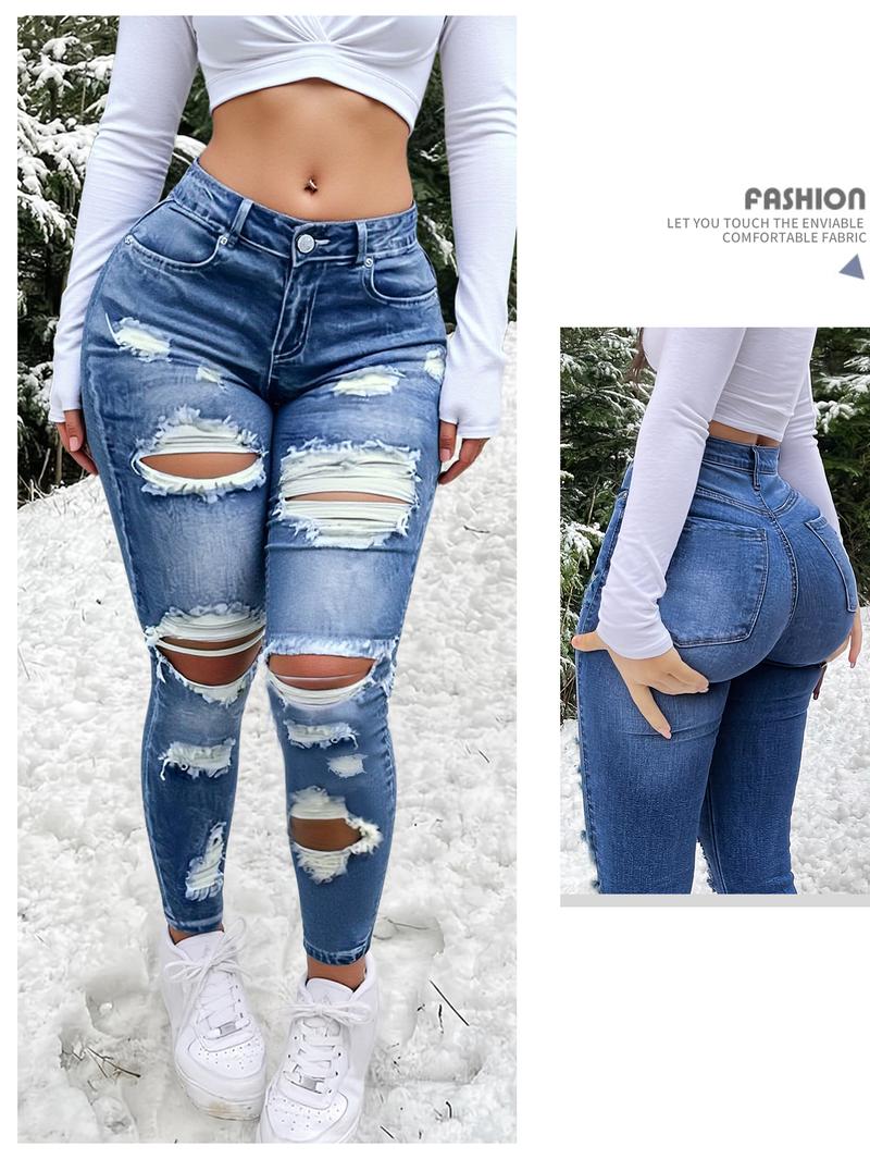 Women's High Waist Slimming Ripped Denim Jeans, High Stretch Skinny Fit, Casual Fashion Pants, Comfortable and Stylish, Distressed Jeans