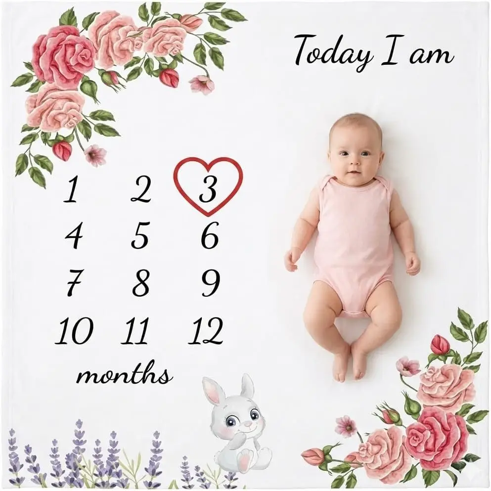 Baby Girl Milestone Blanket, Monthly Growth Photo Blanket for Newborn Infant, Floral Nursery Swaddle Blanket (Flowers, Single Printed)(Gift)