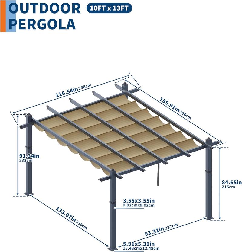 10X10 FT / 10X13 FT Wood-Grain Aluminum Pergola Outdoor Pergola with Retractable Canopy Sun Shade Shelter for Garden, Patio, Backyard, Deck