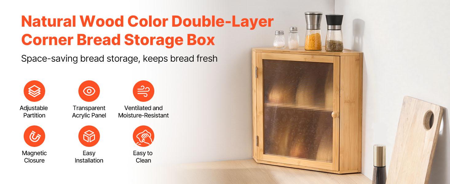 VEVOR Corner Bread Box for Kitchen Counter, Double Layer Large Capacity Bamboo Bread Storage Container, Farmhouse Wooden Breadbox for Homemade Bread, Storage Holder Bin with Acrylic Wavy Door, Natural