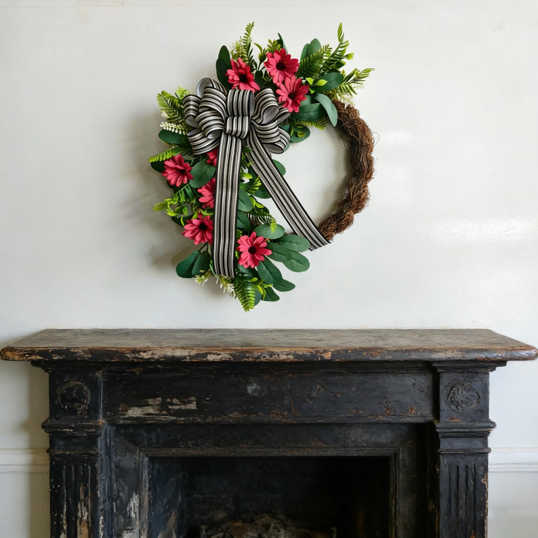 Vibrant Daisy Wreath with Lush Greenery and Striped Bow, Ideal for Porch and Entryway Decor, Perfect for Spring and Summer