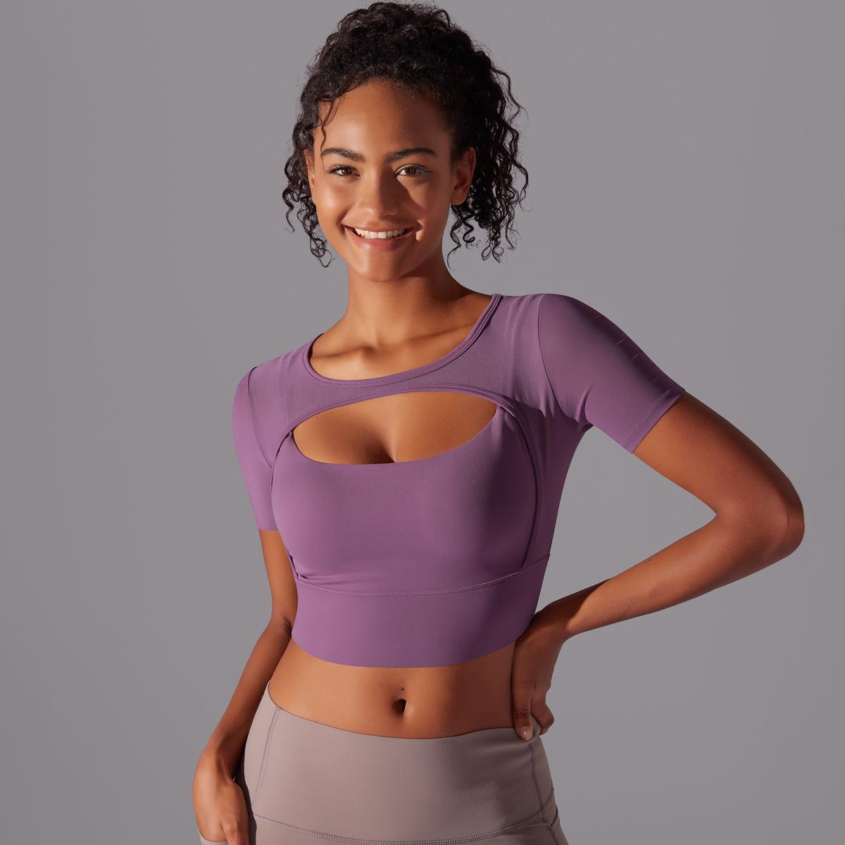 Classic Solid Color Mesh Stitching Double-Layer Short Sleeve Racerback Bra Top Women - Running, Fitness, Yoga Workout Top1123