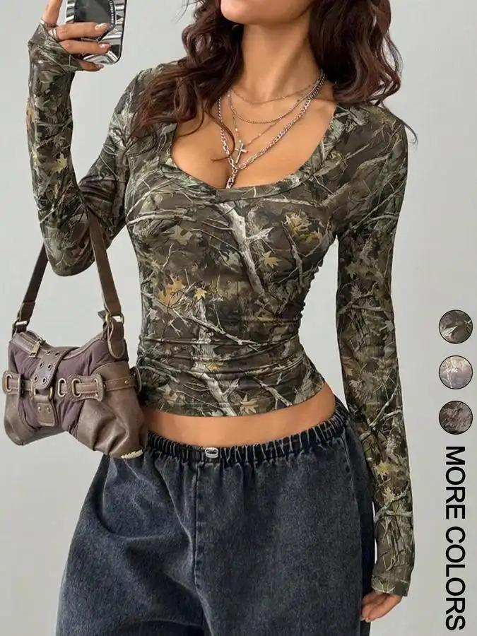 Women's Camouflage Print V Neck Tee, Casual Slim-fitting Long Sleeve T-shirt for Summer, Women's Top for Daily Wear, Lady
