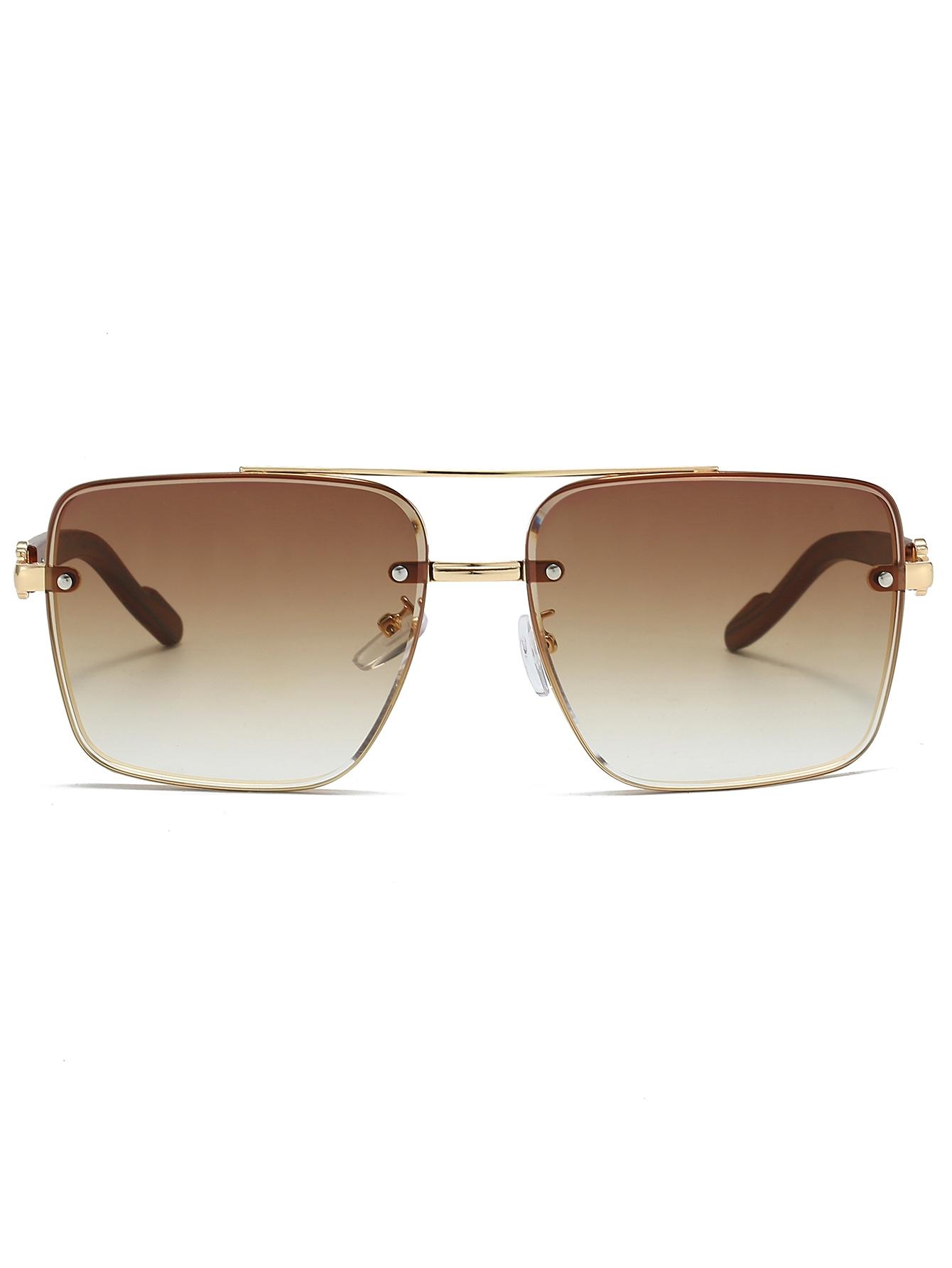 Men's New Full Frame Square Glasses, Retro Dual Bridge Design, Imitation Wood Texture Temples, Metal Frame, Classic Fashion Decorative Eyewear, Square Frames