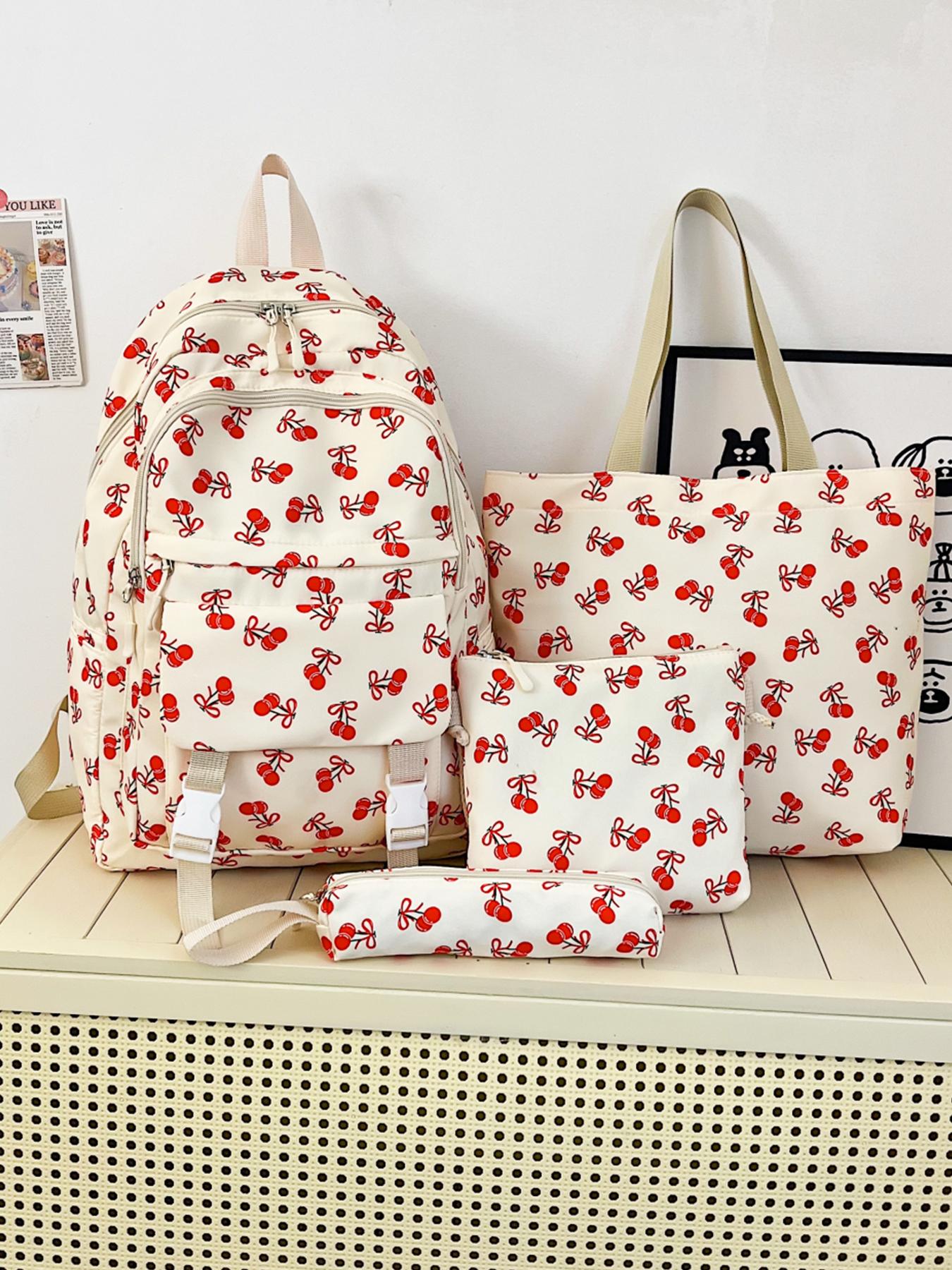 4pc  women's backpack solid color backpack cherry print fashionable and versatile casual trend suitable for students to go to school, campus, travel, shopping, multi-purpose women's backpack Stylish Casual Daypack