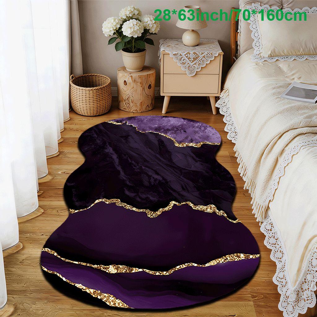 2D Flat velvet irregular shape carpet with purple marble and gold foil pattern, machine washable and non-slip design, suitable for bedrooms/rooms, all seasons of spring, summer, autumn and winter, as well as Valentine's Day, Christmas and Thanksgiving, du