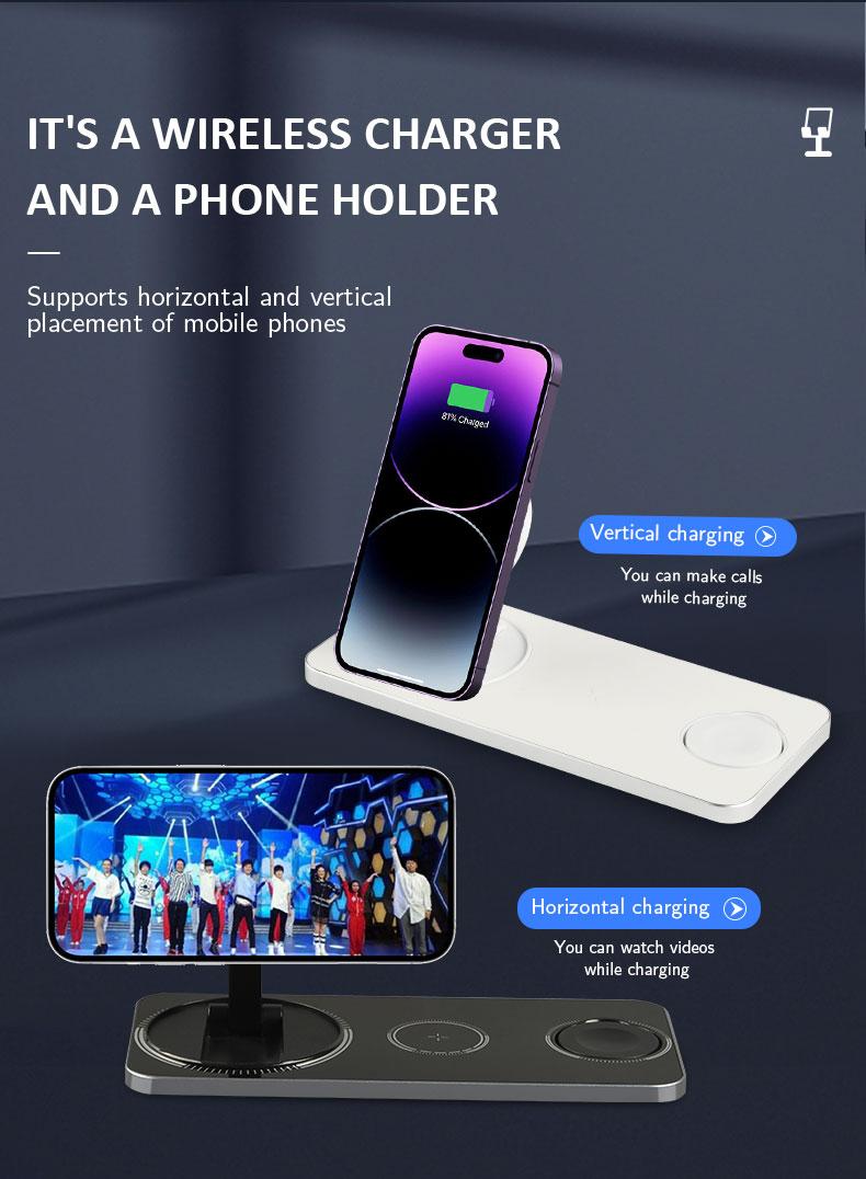 3 in 1 Wireless Charger Dock Station Foldable Max 15W Fast Charging with Magsafe Wireless Charger for iPhone12/13/14/15/16 Series for AirPods iWatch Series Wireless Charger