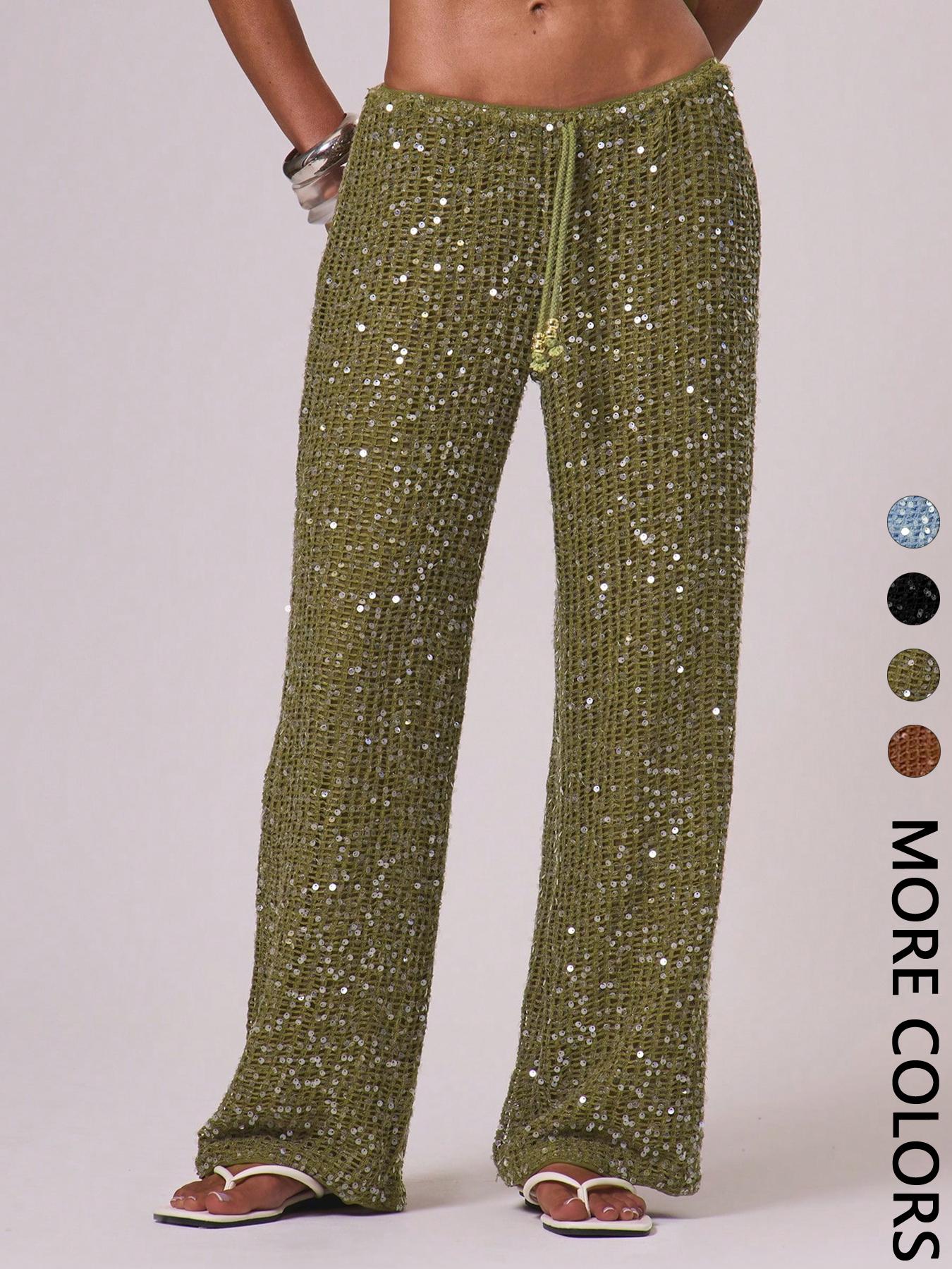 Women's Bohemian Style Beach Pants, Elegant Summer Sequined Long Trousers, Fashionable Holiday Wear, Ladies' Casual