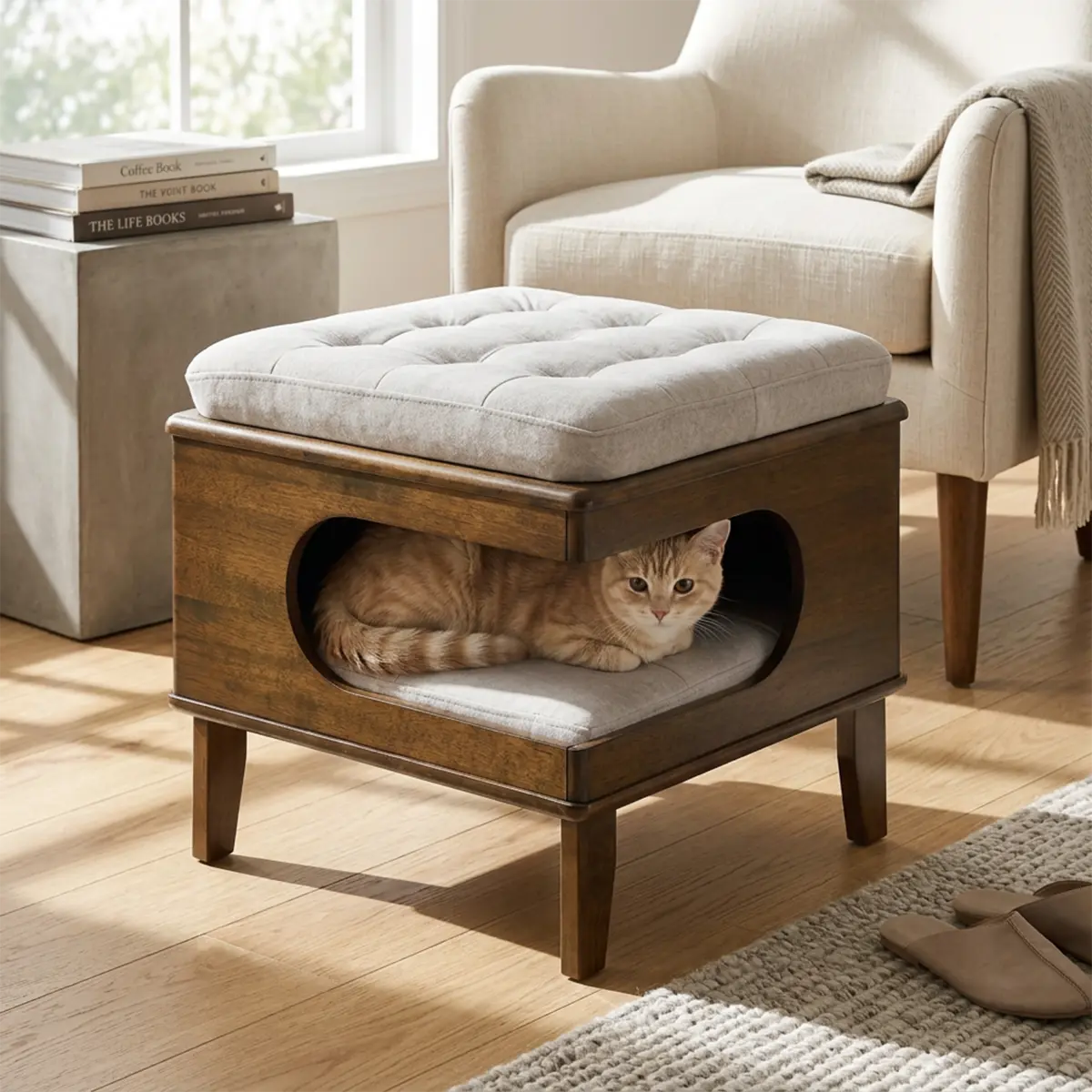 19.69 x 19.69 x 20 Inch 2-in-1 Cat House Ottoman, Walnut Finish Rubber Wood Frame Tufted Pet Cave with Washable Cushion, Multifunctional Footrest Cat Hideaway for Living Room Bedroom