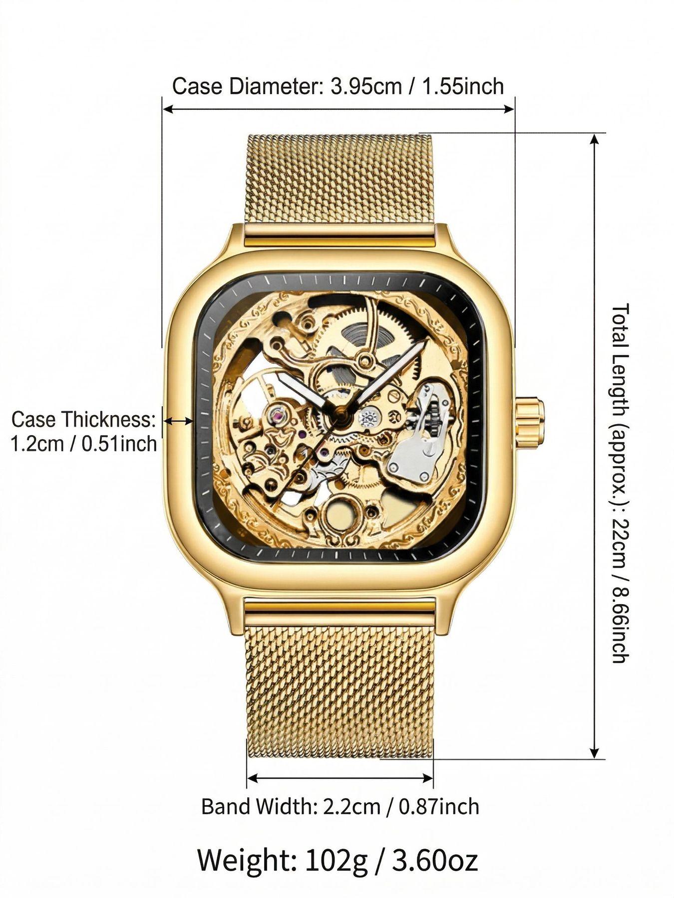 A men's open-work and see-through all-gold square case. Gold engraved movement. Business-style, luxury, trendy and personalized new model. Fully automatic mechanical wristwatch