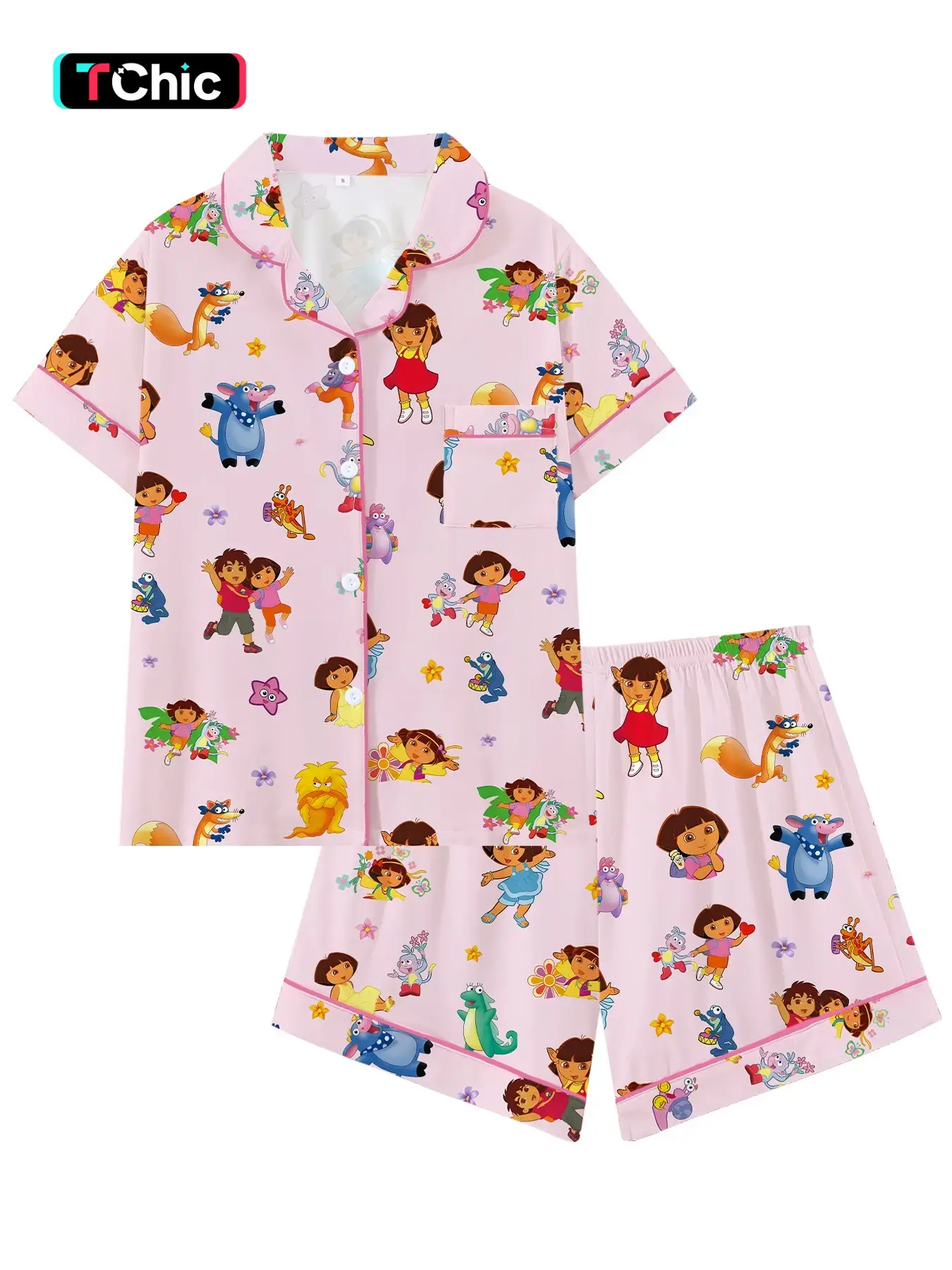 Adorable Girl Cartoon Pajama Set, Short Sleeve Loose-Fitting Sleepwear, Comfortable for All Seasons, Perfect Gift for Sleeping or Outdoors
