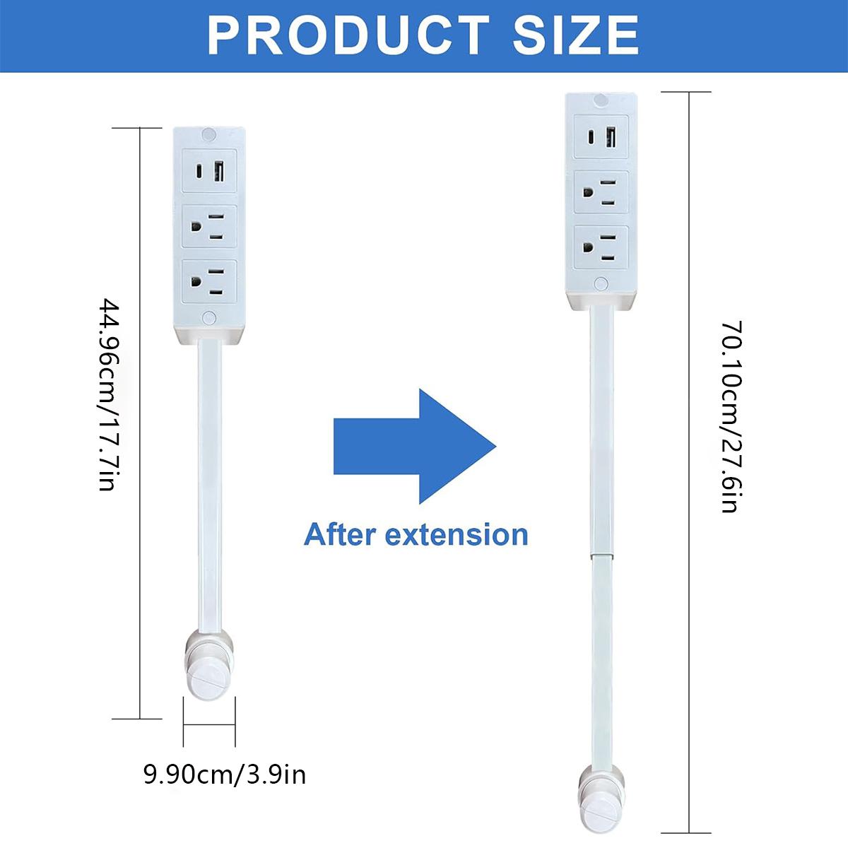 Power Socket Expander 180° Rotating Outlet Extender with 17"-27" Adjustable Extension Cord 2 AC Outlets + USB-A/USB-C Fast Charging Fire-Resistant & Overload Protection for Tight Spaces Behind Couches Beds Desks