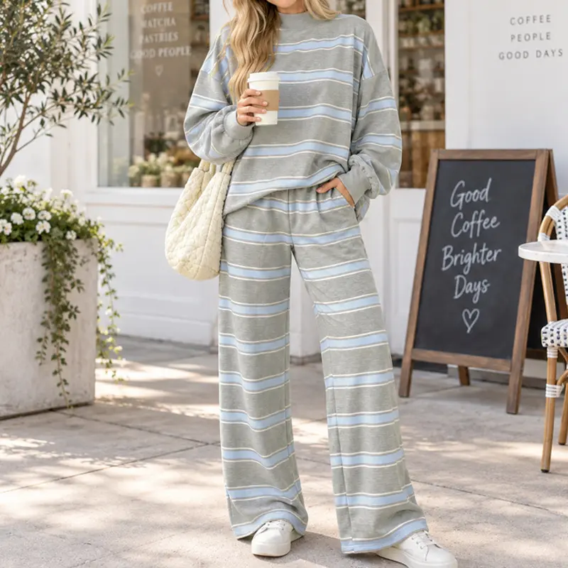 Wide leg pants with elastic waistband shown from the side