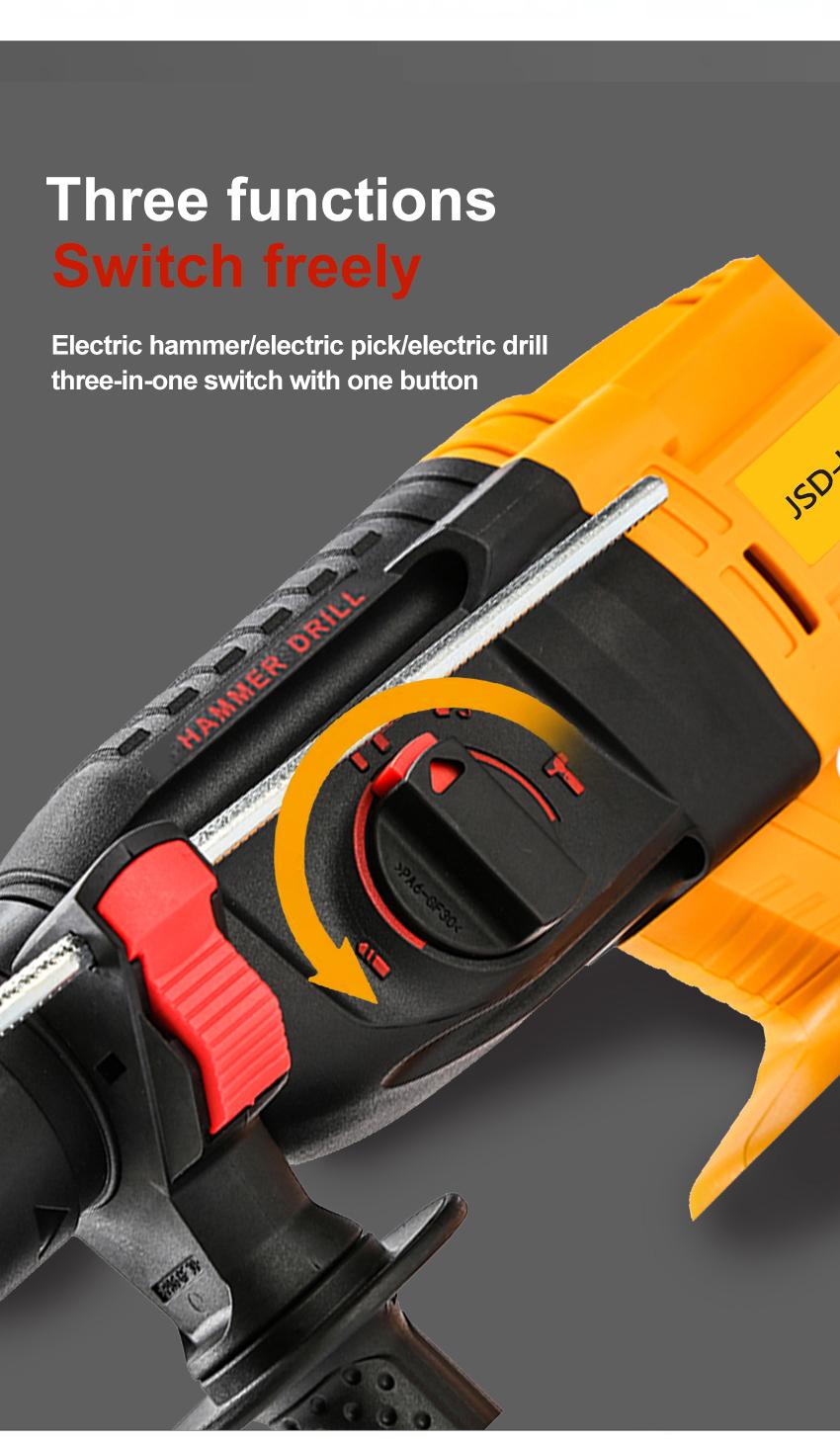 21V Electric Hammer Drill with 6/8/10/12 Chisel Bit, 360°C Swiveling Front Handle, Electric Hammer for Concrete Breaking