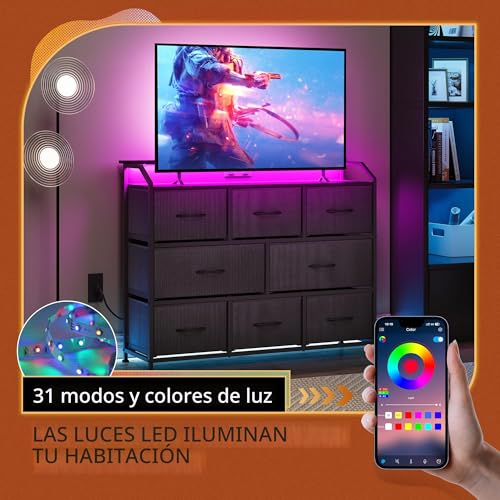 Fabric Drawer Dressing Table with Power Outlets and LED Lights, Multi-Functional TV Cabinet & Storage Cabinet with Built-in Electrical Sockets, Black Fabric Drawers with Metal Frame, Perfect for Bedroom, Living Room & Media Storage