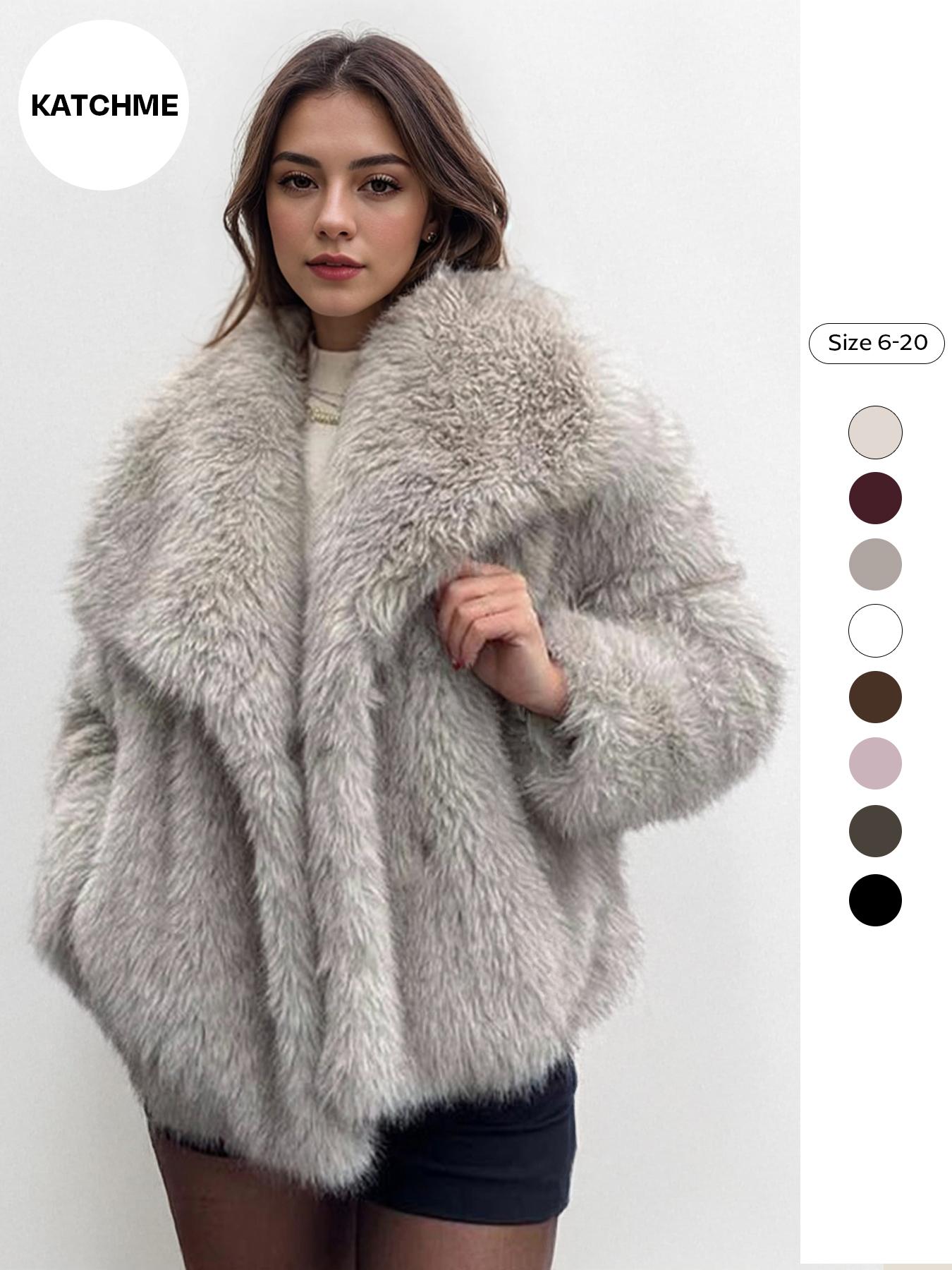 Women's Elegant Solid Color Wide Collar Zipper Closure Plush Warm Coat, Stylish Everyday Outerwear for Fall & Winter Seasons