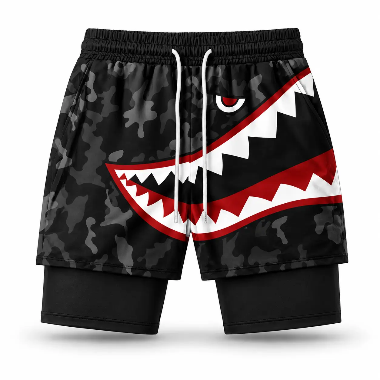 Men's 2 in 1 Swim Trunks with Compression Liner, Quick Dry Beach Shorts, Shark Mouth Graphic Board Shorts, Breathable Casual Swimming Shorts with Drawstring for Beach, Pool, Vacation, Workout