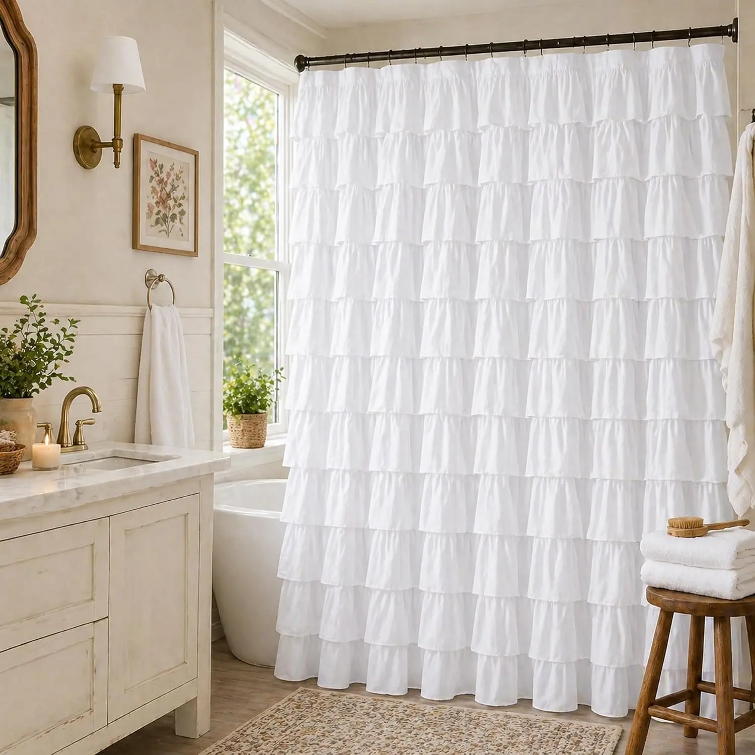 White Ruffle Shower Curtains for Bathroom, 72x84 in, Layered Texture Vintage Chic Farmhouse Style, Soft Microfiber, 12 Hooks Included, Machine Washable Fabric, Affordable Luxury Feel