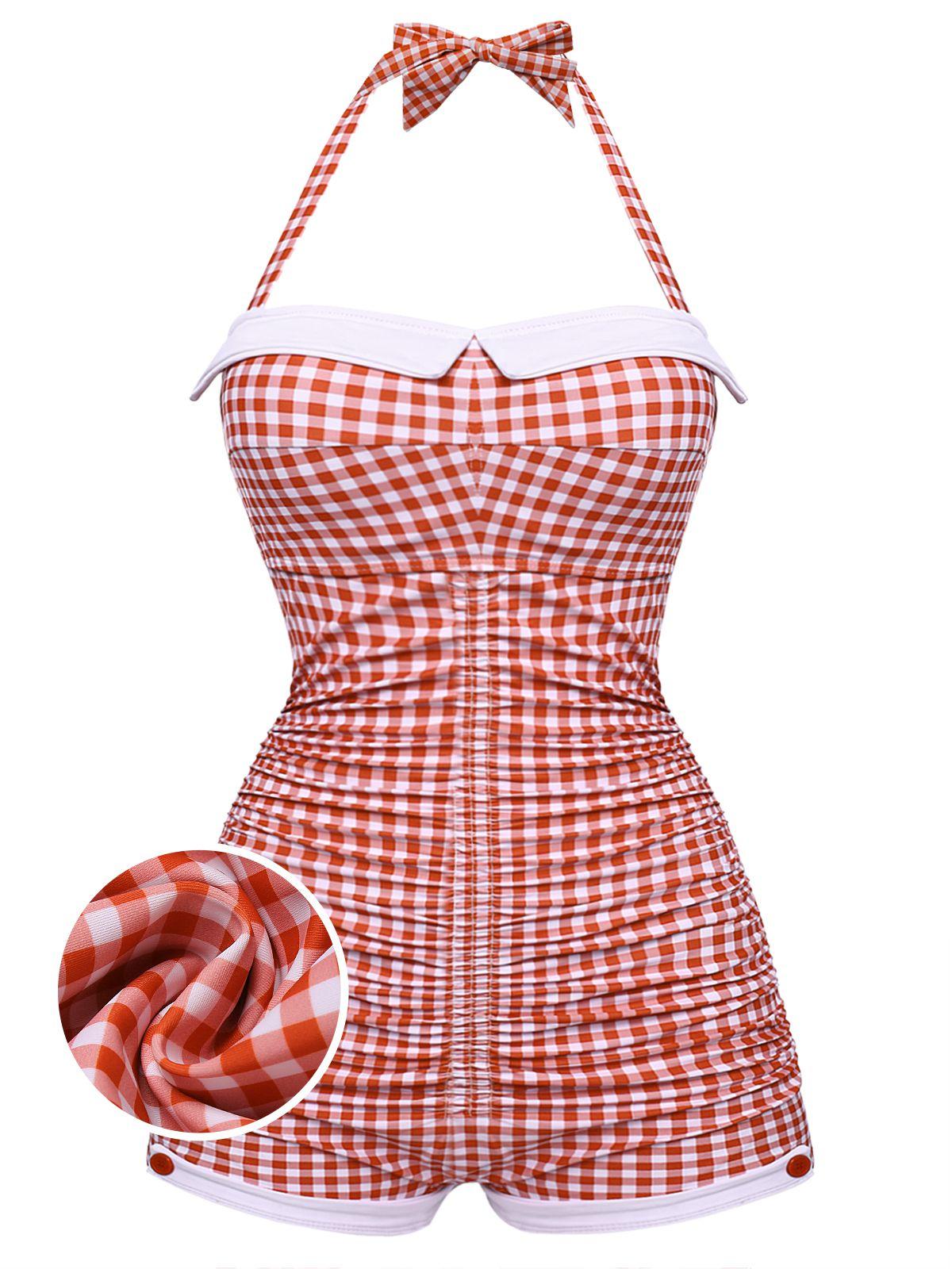 GINGHAM 1950S HALTER BOWKNOT ONE-PIECE WOMENSWEAR SWIMSUIT Swimoutfit Swimmingsuits