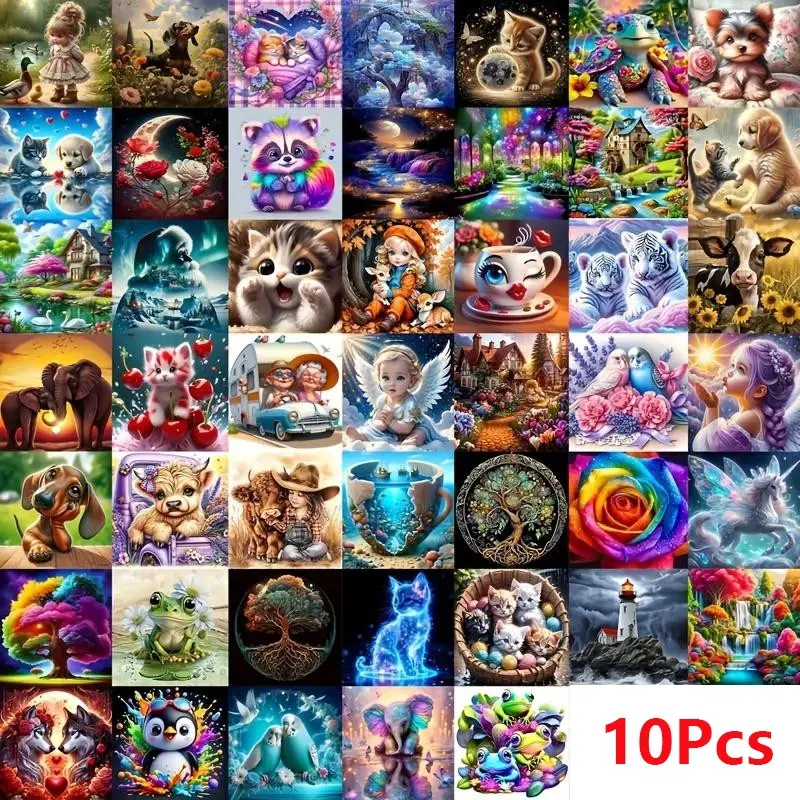 10Pcs Random DIY Craft Round Diamond Painting, Diamond Painting Kits, Small Diamond Painting for Beginners, Cartoon Animal Landscape Pattern Handmade Home Decoration Painting, 7.87x7.87 Inches/11.81x11.81 Inch Birthday Gift, Christmas Gift