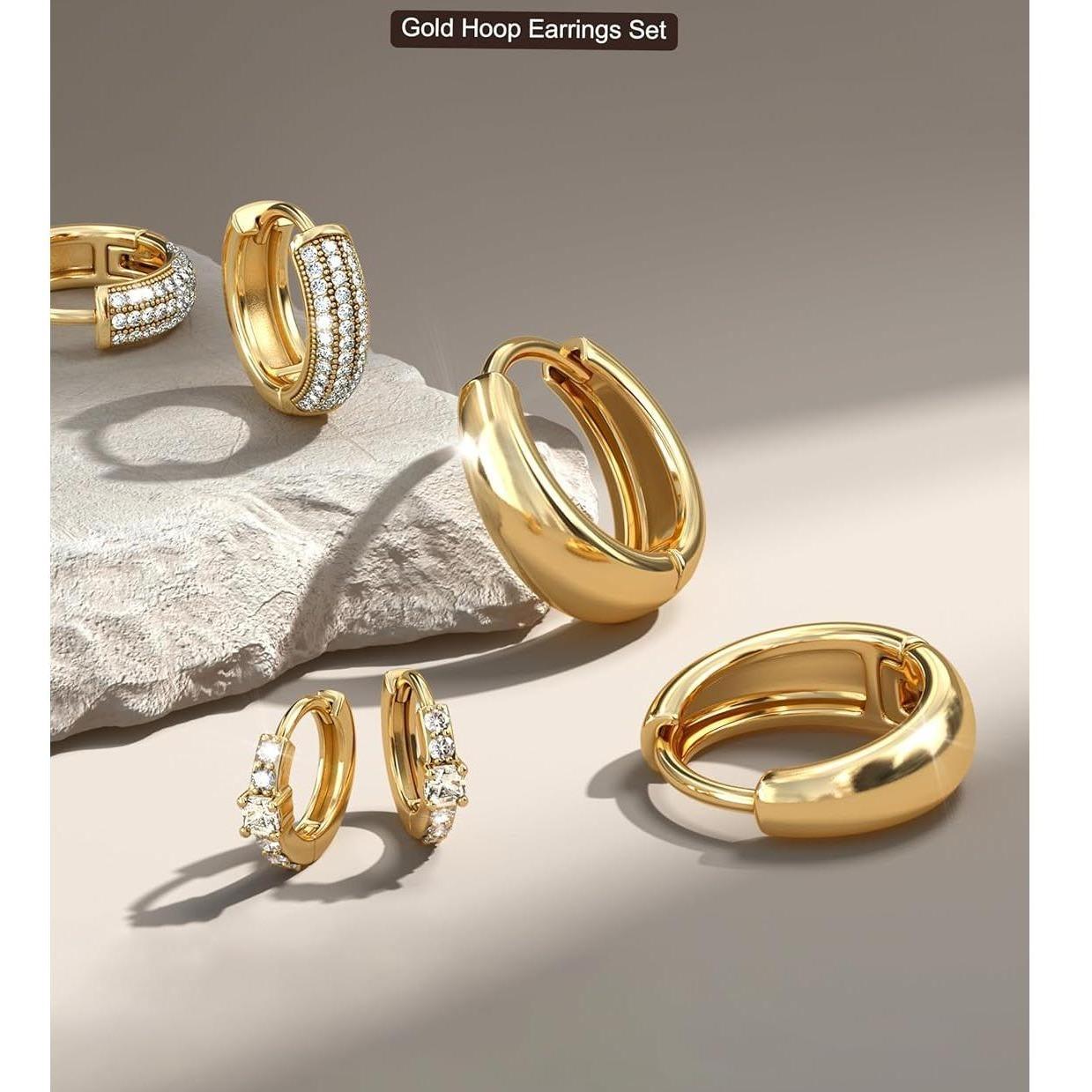 3 Pairs Small 14K Gold Plated Chunky Hoop Earrings for Women Hypoallergenic Silver Earrings Set for Sensitive Ears Non Tarnish Huggie Hoops Earring Stacks for Multiple Piercing Jewelry Gifts