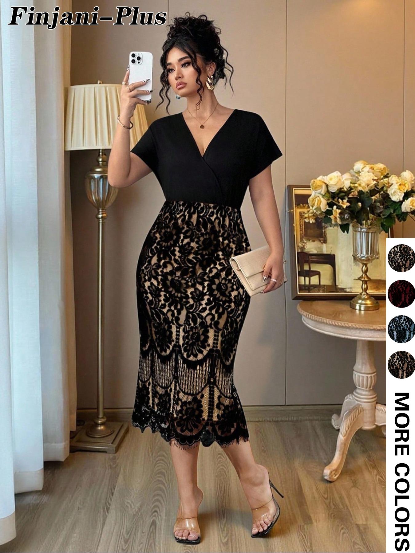 【Plus Size】 Solid V Neck A Line Fitted Dress, Elegant Chic Bishop Sleeve Patchwork Dress for Party Holiday Wedding Guest, Women's Clothes for Spring & Fall