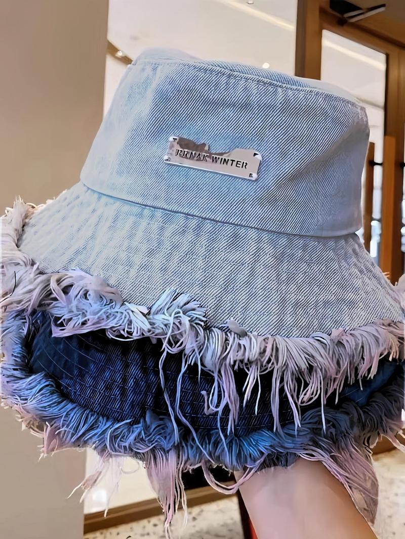 Letter Patch Washed Raw Trim Bucket Hat , Casual Outdoor Sun Protection Cap for Women & Men, Fashion Accessories for Daily Wear Adjustable Hat