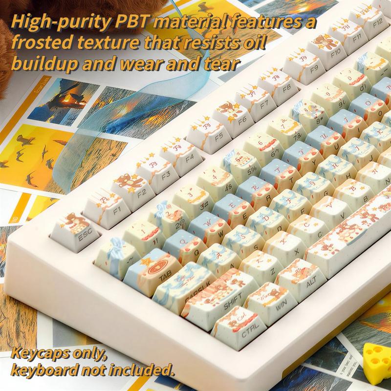 New 120-key Cream Bear Themed Side-Engraved Translucent Keycaps, CHERRY Profile Double-Shot PBT Material, Adopting 5-Side Dye-Sublimation Technology, Wear-Resistant, Anti-Shine, Mechanical Keyboard Keycaps, Gaming Keyboard Keycap