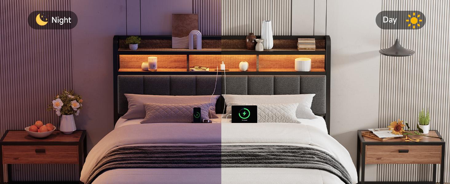 【SPOTLIGHT DAY】ONBRILL Ergonomic Headboard for Queen Size Bed with 2-Tier Storage, Upholstered Headboards with Outlets, USB Ports, LED Light, Queen Head Board Only, Height Adjustable, Sturdy and Stable 【SPOTLIGHT DAY】ONBRILL Ergonomic Headboard for Queen Size Bed with 2-Tier Storage, Upholstered Headboards with Outlets, USB Ports, LED Light, Queen Head Board Only, Height Adjustable, Sturdy and Stable