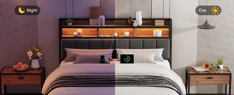 【Valentine's Day Gift】ONBRILL Ergonomic Headboard for Queen Size Bed with 2-Tier Storage, Upholstered Headboards with Outlets, USB Ports, LED Light, Queen Head Board Only, Height Adjustable, Sturdy and Stable