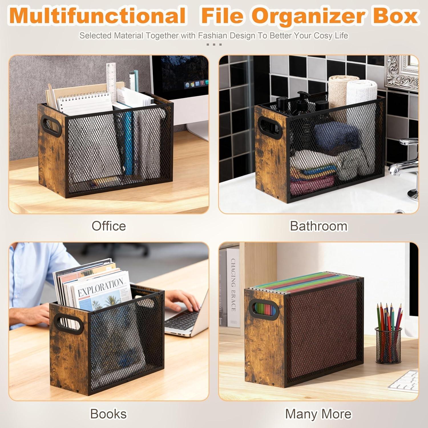 Wooden Hanging File Organizer Box, Metal Mesh Folder Storage Bin with Handle, Suitable for Home Office Desk, Office Supplies, Office Accessories