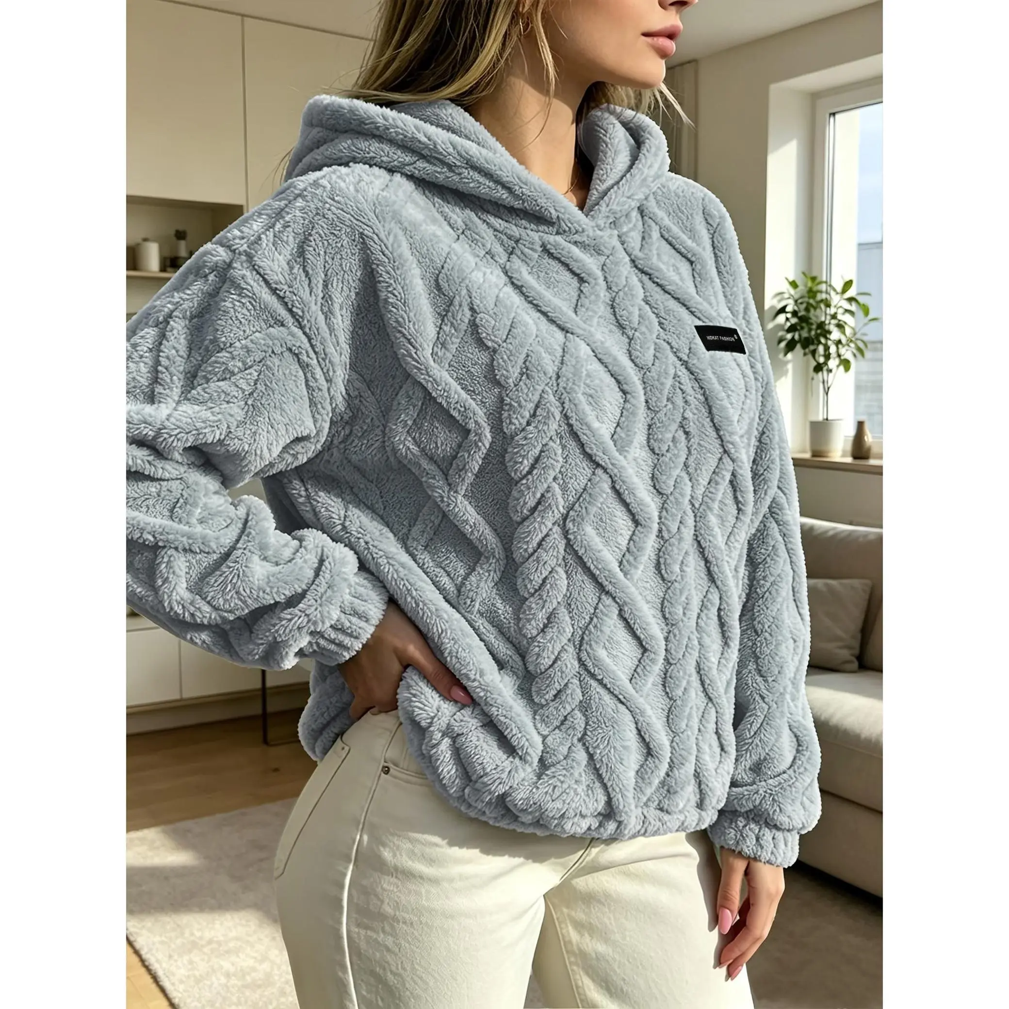 Women’s Autumn Winter Soft Fluffy Lamb Fleece Hoodie, Jacquard Texture Thick Warm Long‑Sleeve Hooded Sweatshirt, Comfortable Versatile for Daily, Loungewear & Outdoor Street Wear
