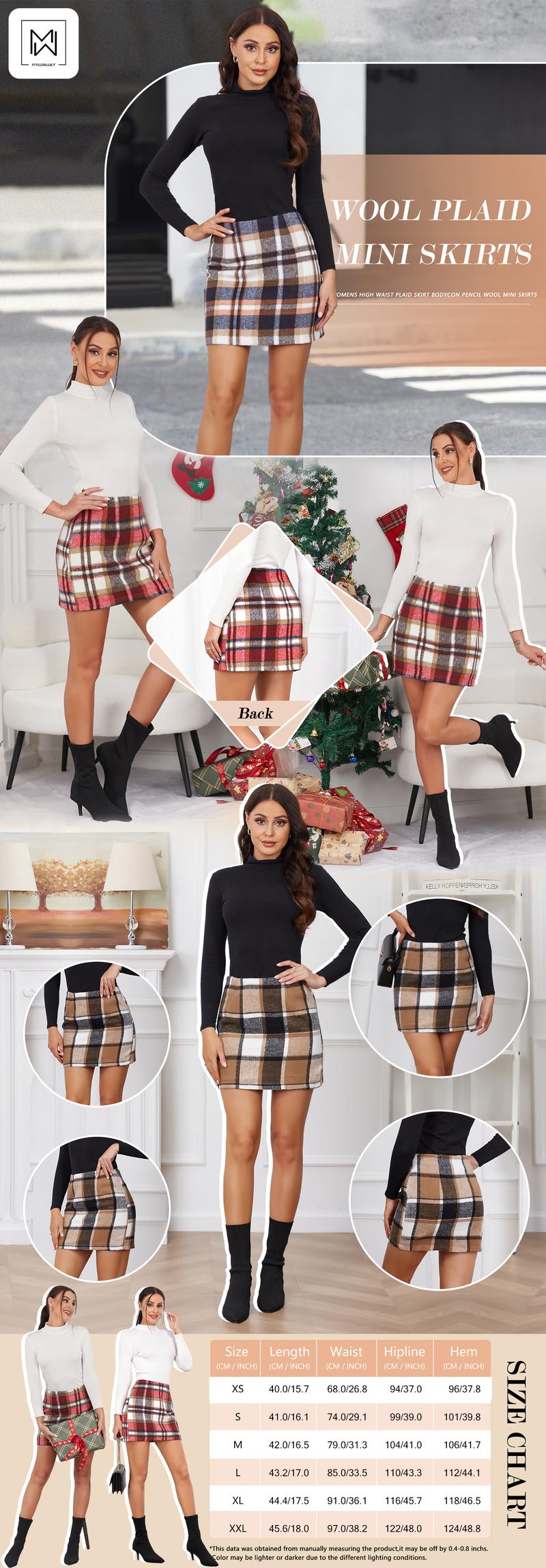 IDEALSANXUN Womens High Waist Plaid Skirt Bodycon Wool Mini Skirts Dresses for Women Holiday Dresses for Women Faldas Para Mujer Skirts for Women Trendy Tweed Skirt Short Tartan Woolen Skirt Cute Outfits Party Business Casual Outfits Winter Flannel