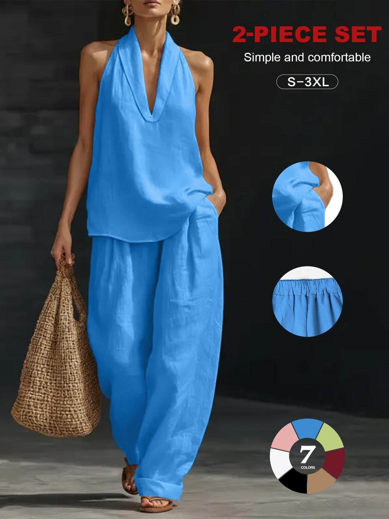 Women's Faux Linen V Neck Sleeveless Halter Top and Wide Leg Pants Set, 2 Piece Loose Fit Lounge Set, Casual All Seasons