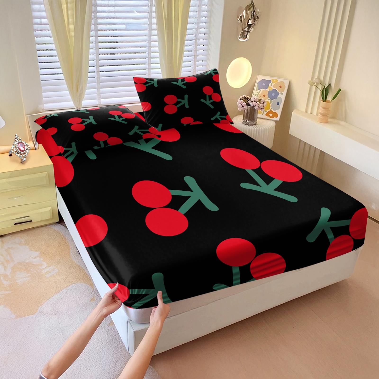 3 Pcs Compact Cherry Pattern Printed Bed Sheet Set,Includes 1 Fitted Sheet & 2 Pillowcases without Filler,Cute and charming design, soft and comfortable, suitable for all seasons,A perfect gift for children and teenagers, multiple styles available.
