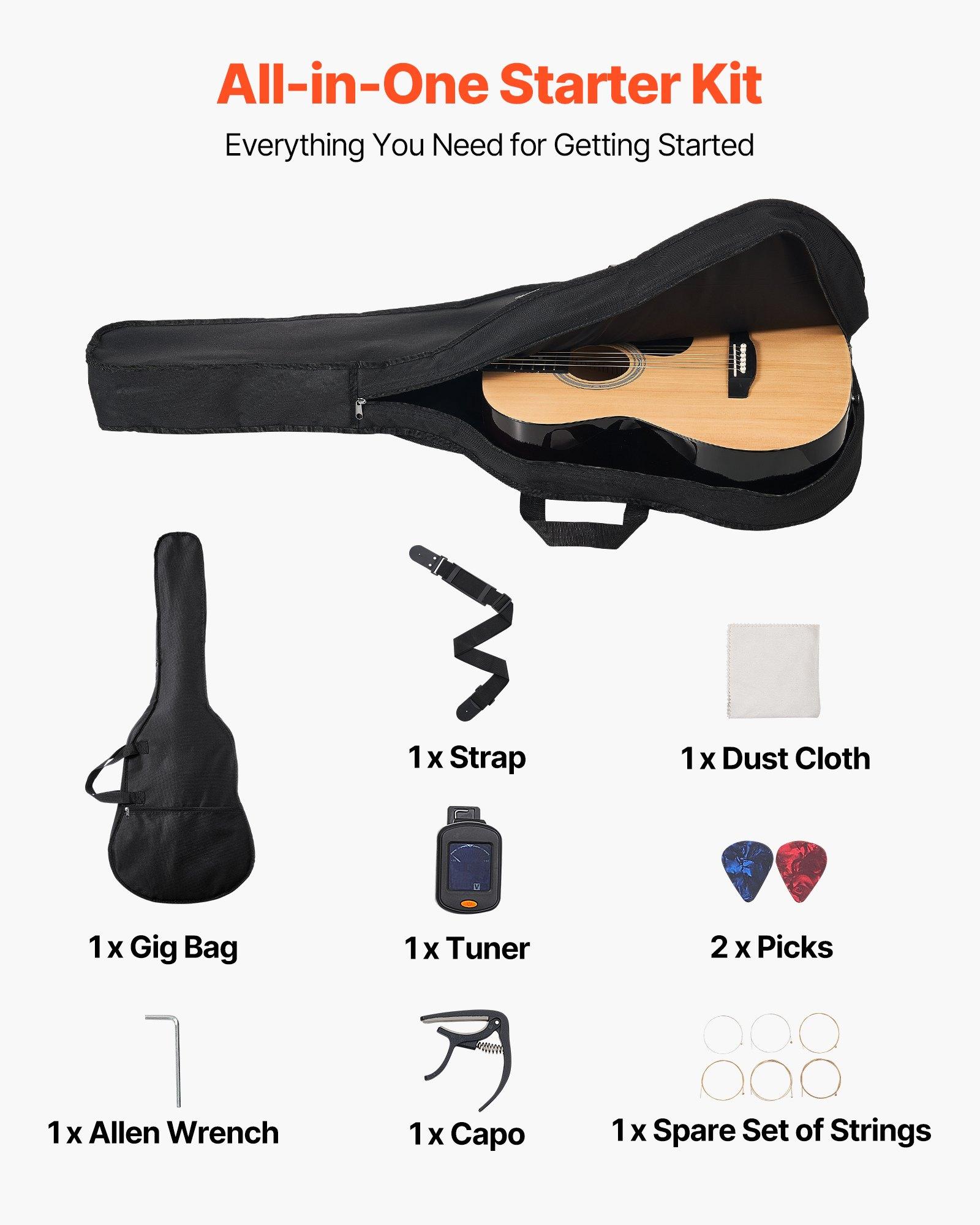 VEVOR Dreadnought Acoustic Guitar, 39 in, 6-String Natural Solid Spruce Top Guitar, Portable Bundle with Gig Bag, Tuner, Strap, Steel Strings, Picks, Capo, Rosewood Fingerboard, for Beginner Adults