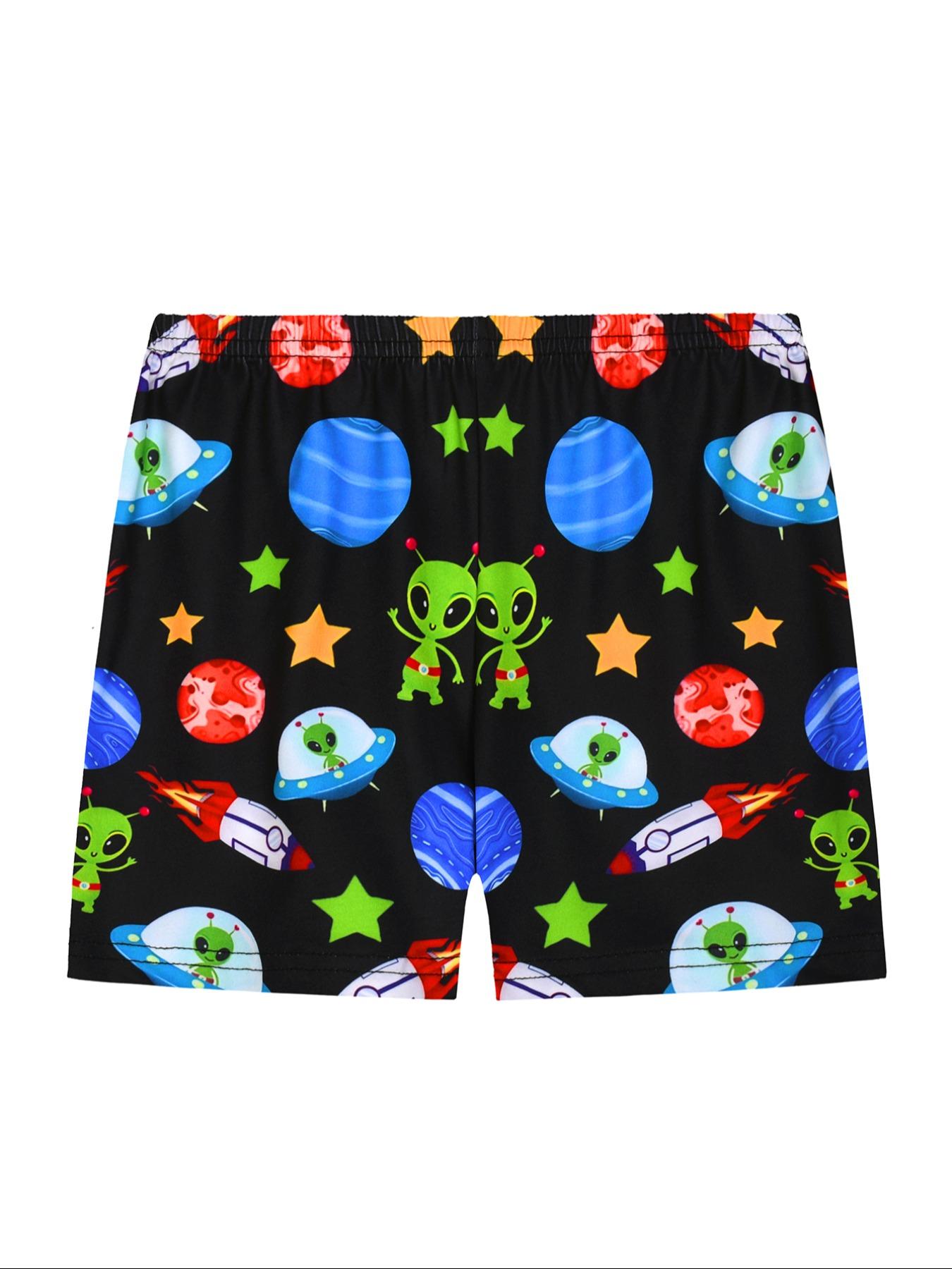 Boys Round Neck Short Sleeve Shorts Digital Print Space Planet Alien Fashion Casual Comfortable Fitted Home Sleepwear Set