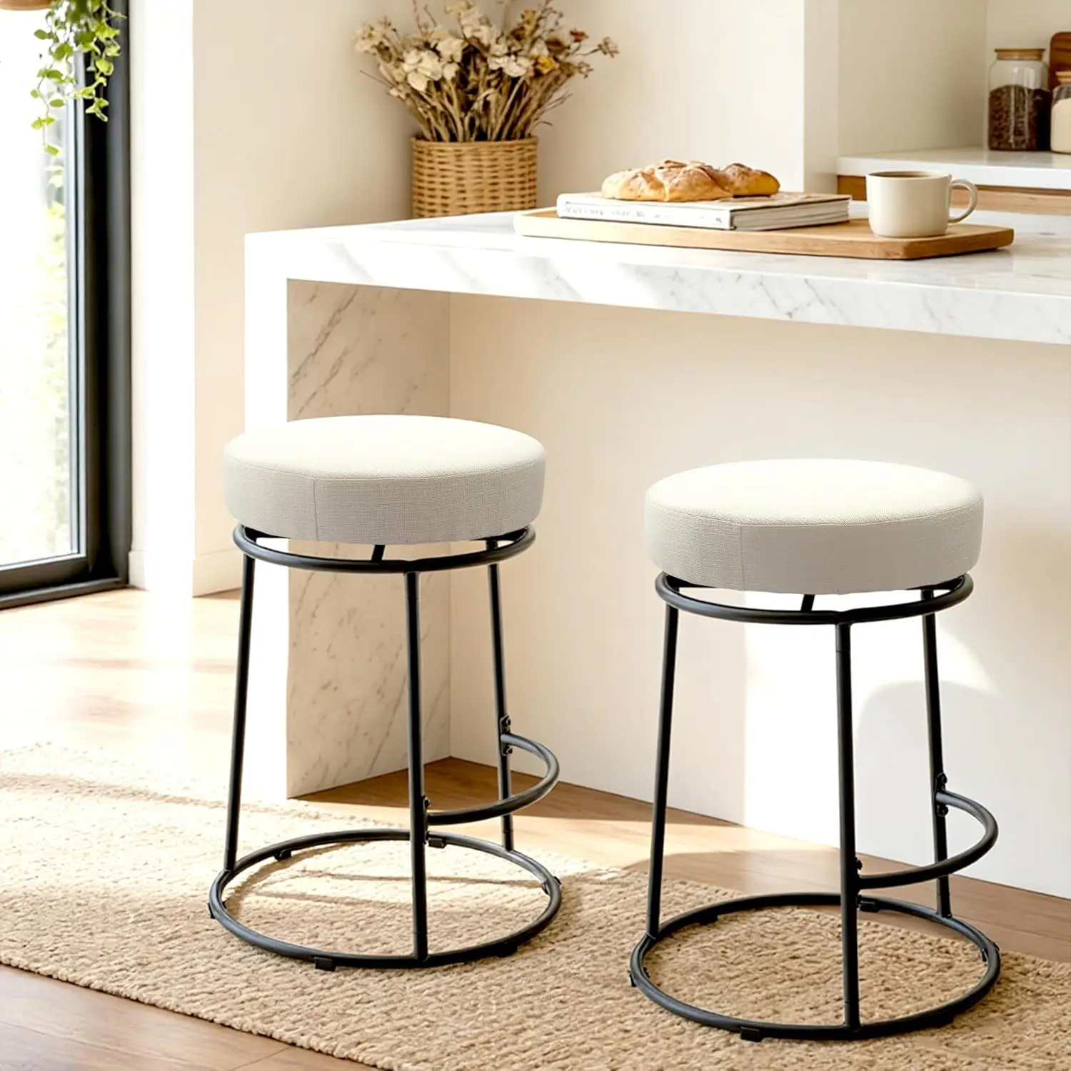 FREKEN Modern Upholstered Linen Fabric Swivel Bar Stools (Set of 1/2), 26" Height Armless Counter Stools with Metal Legs and Footrest for Kitchen Island, Beige, Swivel Seat