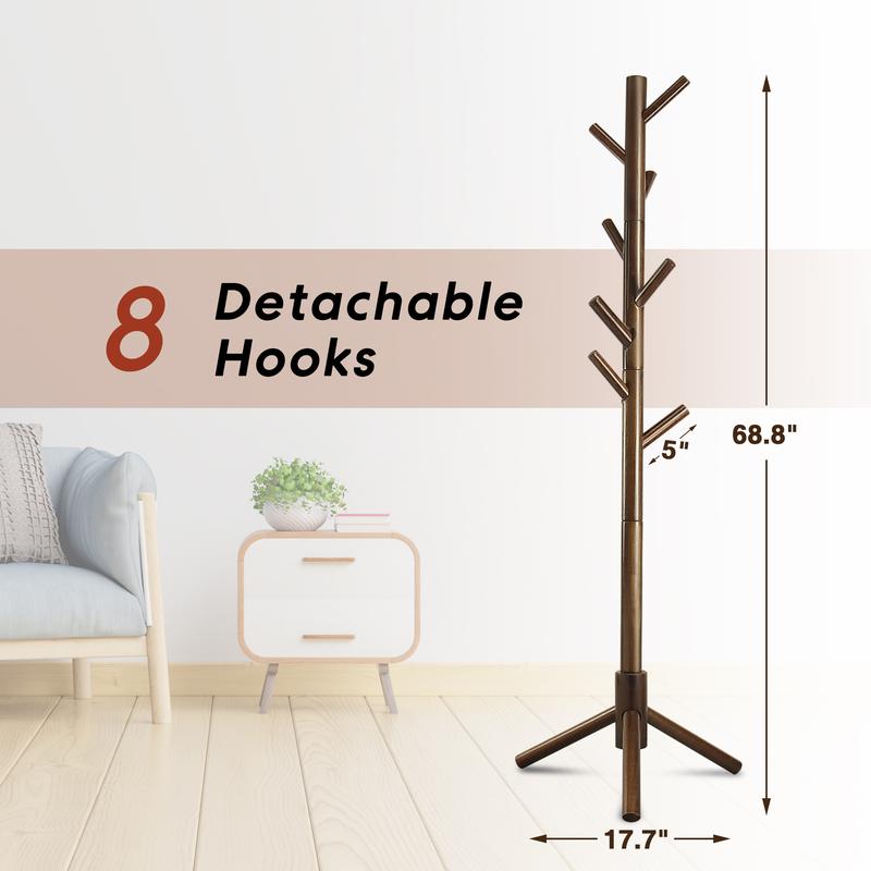 Wooden Coat Rack, Free Standing Coat Rack with 8 Hooks 3 Adjustable Heights for Clothes, Hats, Handbags, Coat Tree Easy Assembly for Entryway, Bedroom, Hallway, Office Minimal Organizer