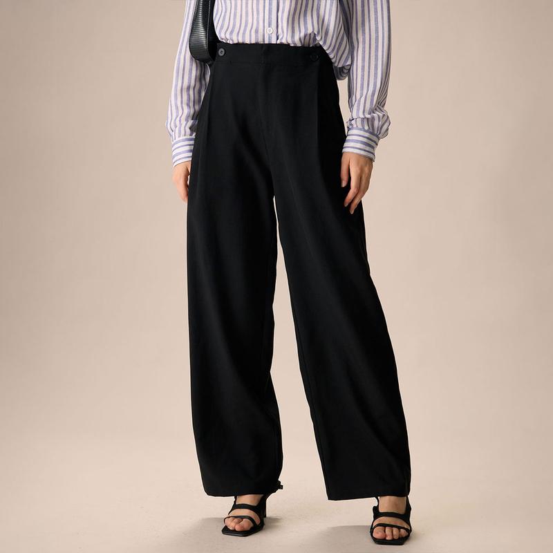 RIHOAS Women's Suit , Women's All Over Striped Print Button Front Shirt, Casual Long Sleeve Collared Top & Black Elastic Waist Pocket Straight Pants for Daily Wear Wide Leg Matching Fabric Womenswear