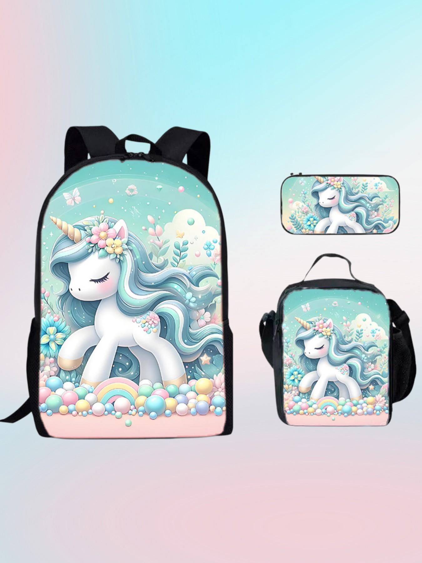 Cute Unicorn Backpack Set for Girls, Water Resistant Kids School Bag, Insulated Lunch Box & Pencil Case, Kawaii Cartoon Bookbag, Back to School Gift