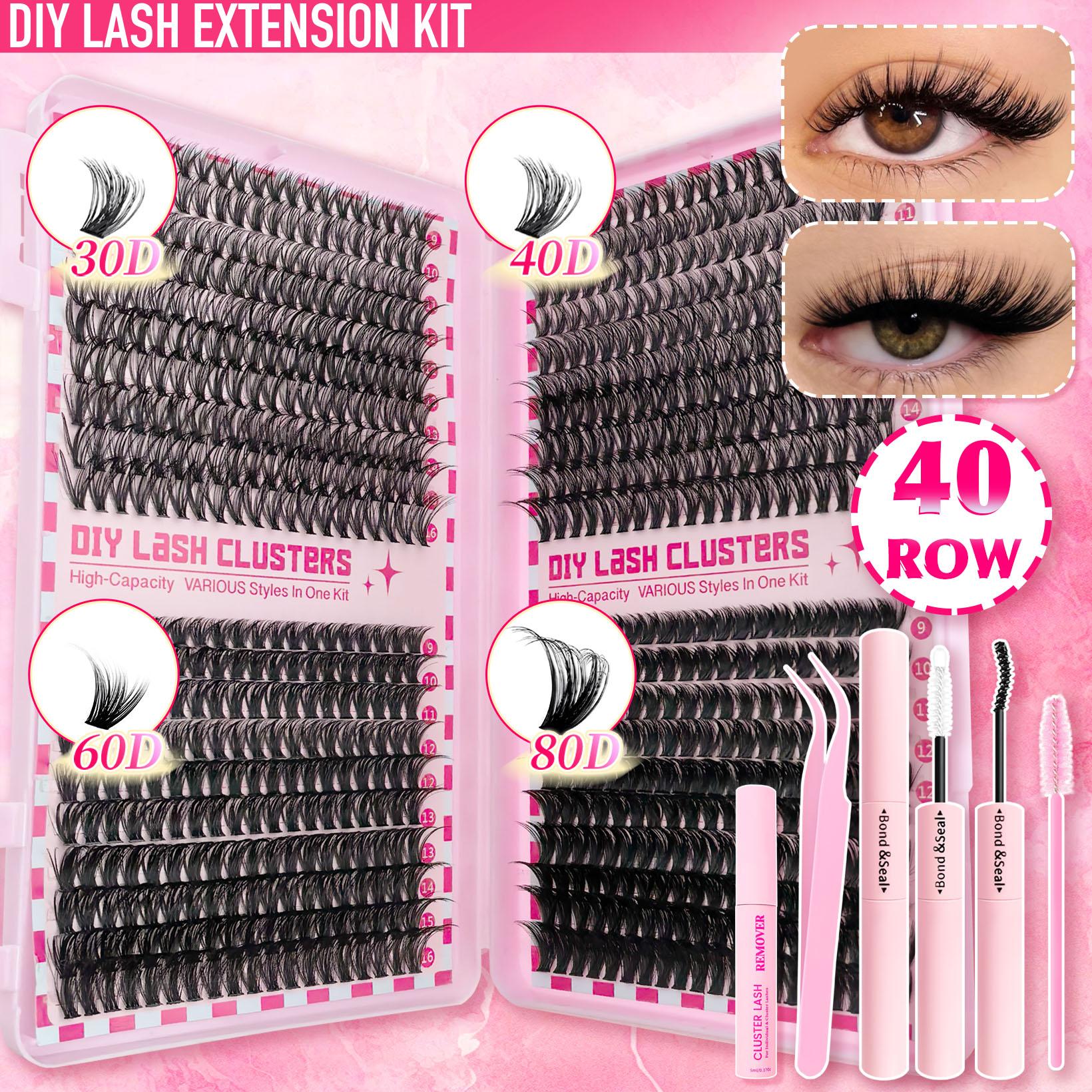 Lash Clusters Kit, Eyelash Clusters Lashes Natural, DIY Lash Extension Kit Self Adhesive False Eyelash,Eyelash Clusters Eyelash Bond Glue Remover Tweezers,False Eyelashes Kit, Eyelash Extensions Kit, Lashes Clusters Kit,30D 40D 60D 80D,D Curl Wide Band