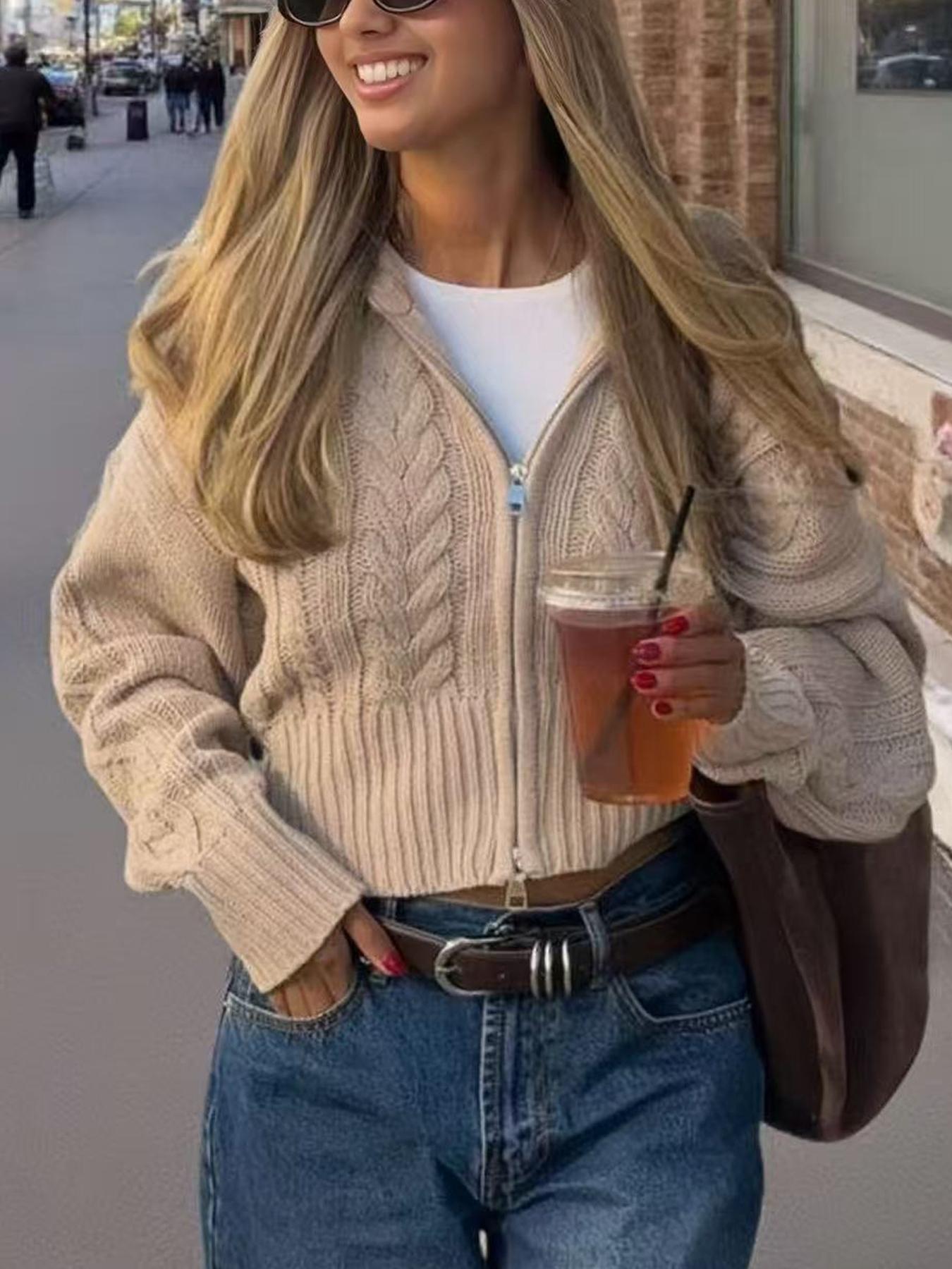 Women's Fall Winter Street Style Zipper Collar Cardigan, Fashion Casual Versatile Solid Color Sweater Coat, Ladies Outerwear