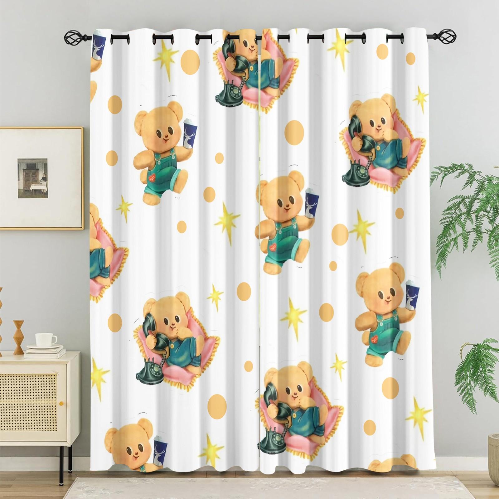 2 Pcs Cute Cartoon Bear 80% Blackout Curtains, Kawaii Teddy Bear Polyester Curtains for Kids Room & Nursery, Ideal Gift for Bear-Loving Kids