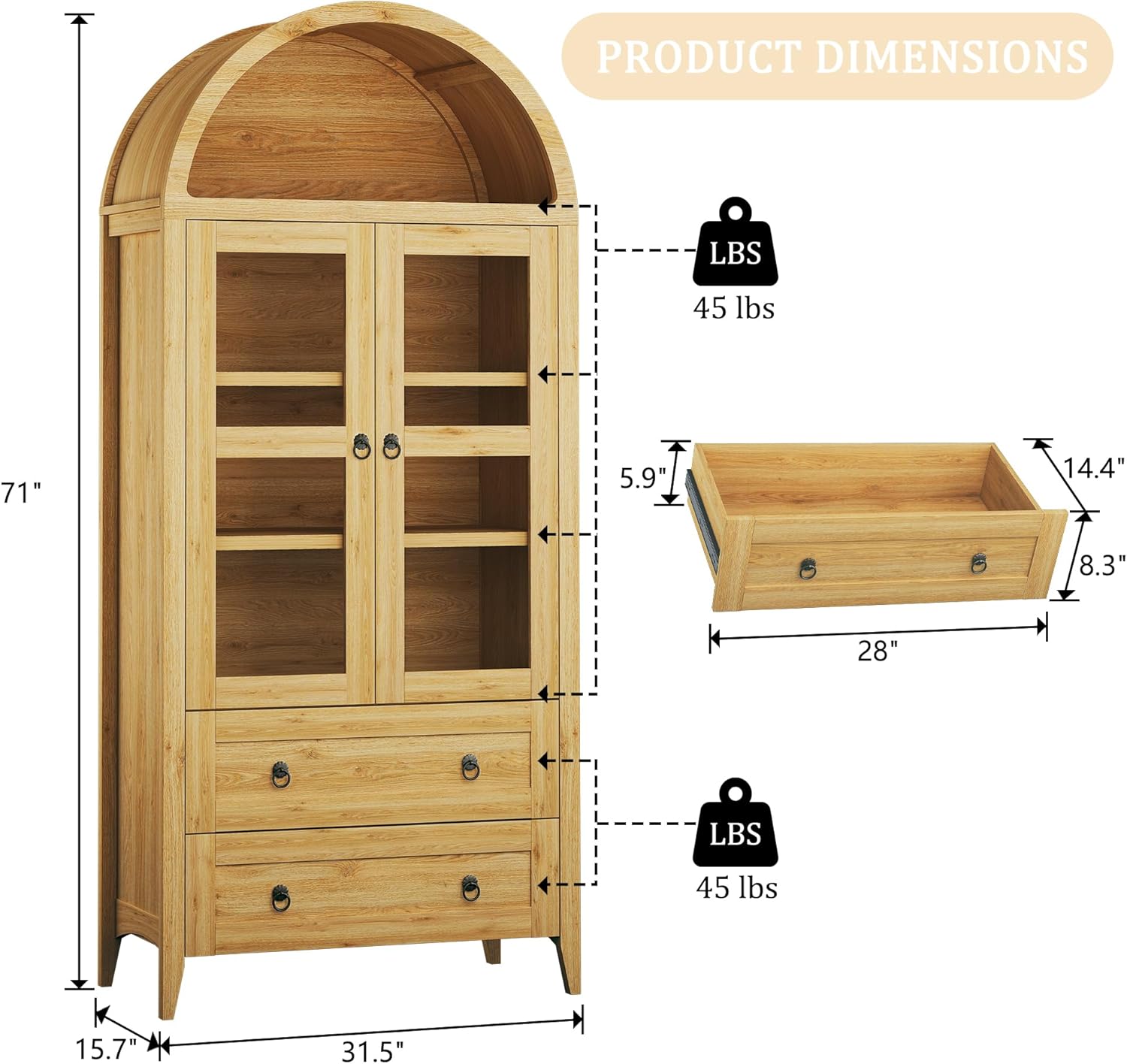 71" Tall Kitchen Pantry Cabinet, Arched Cabinet , Kitchen Storage Cabinets with 2 Large Drawers & Adjustable Shelves & Glass Door for Living Room, Kitchen, Dining Room, Natrual 71" Tall Kitchen Pantry Cabinet, Arched Cabinet , Kitchen Storage Cabinets with 2 Large Drawers & Adjustable Shelves & Glass Door for Living Room, Kitchen, Dining Room, Natrual