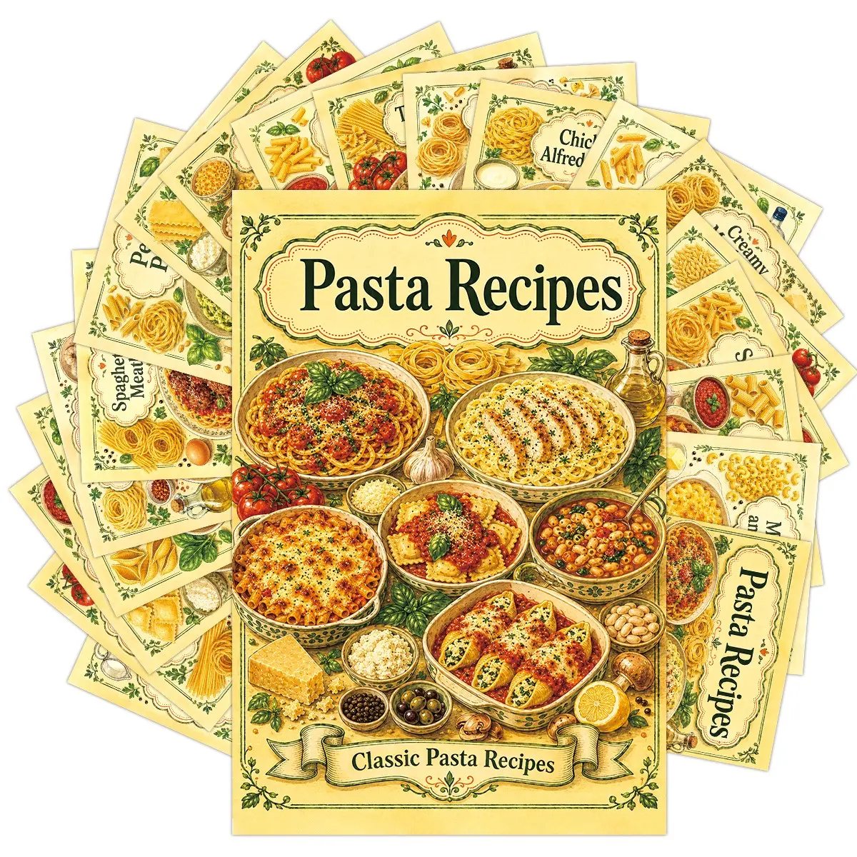 20pcs Vintage Pasta Recipe Gift Cards, Classic Italian Pasta Decorative Postcards with Ingredients & Cooking Steps, Retro Food Cooking Reference Cards Printed with Illustrations of Spaghetti, Lasagna & Penne, Suitable for Kitchen Decor