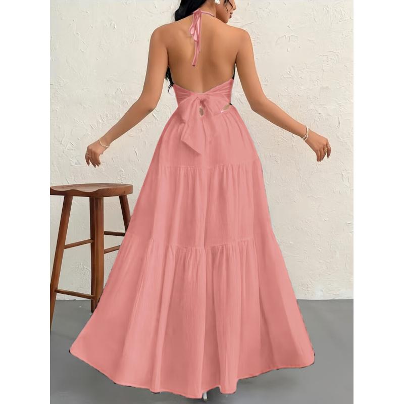 Solid Color Elegant Halter V-Neck Sexy Backless French-Style Temperament Maxi Dress