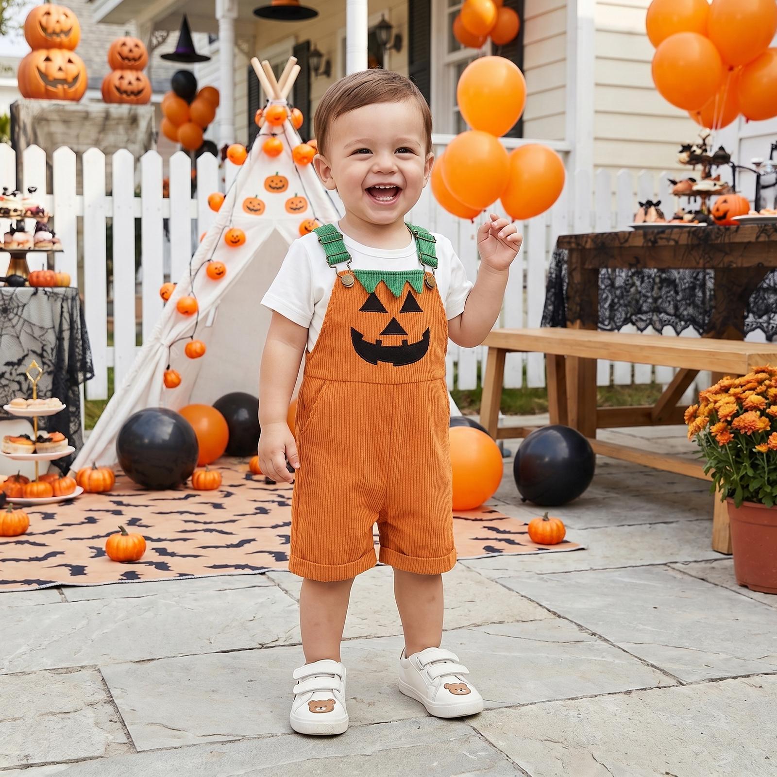 Toddler Baby Boy Halloween Overalls with Pockets Ribbed Devil Face Pattern Sleeveless Jumpsuit